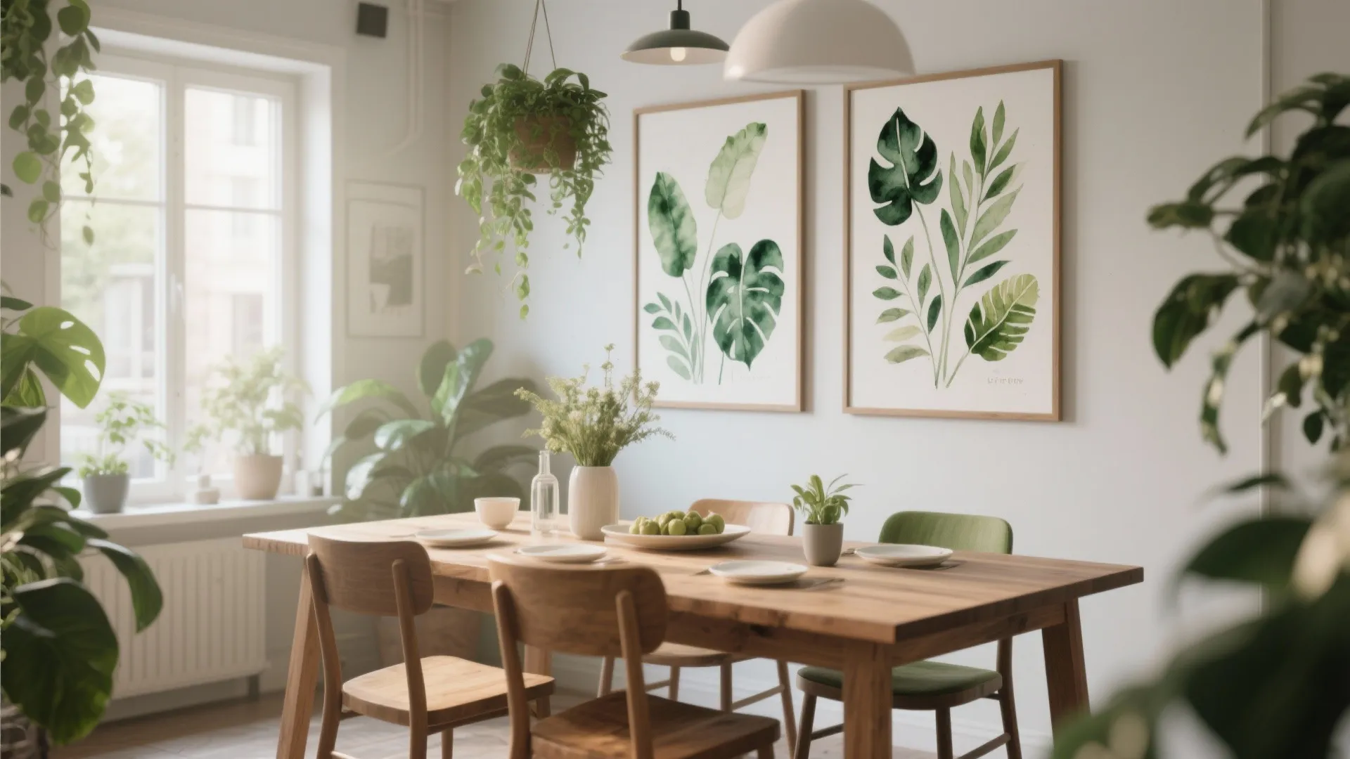 Dining room with botanical paintings and wooden furniture