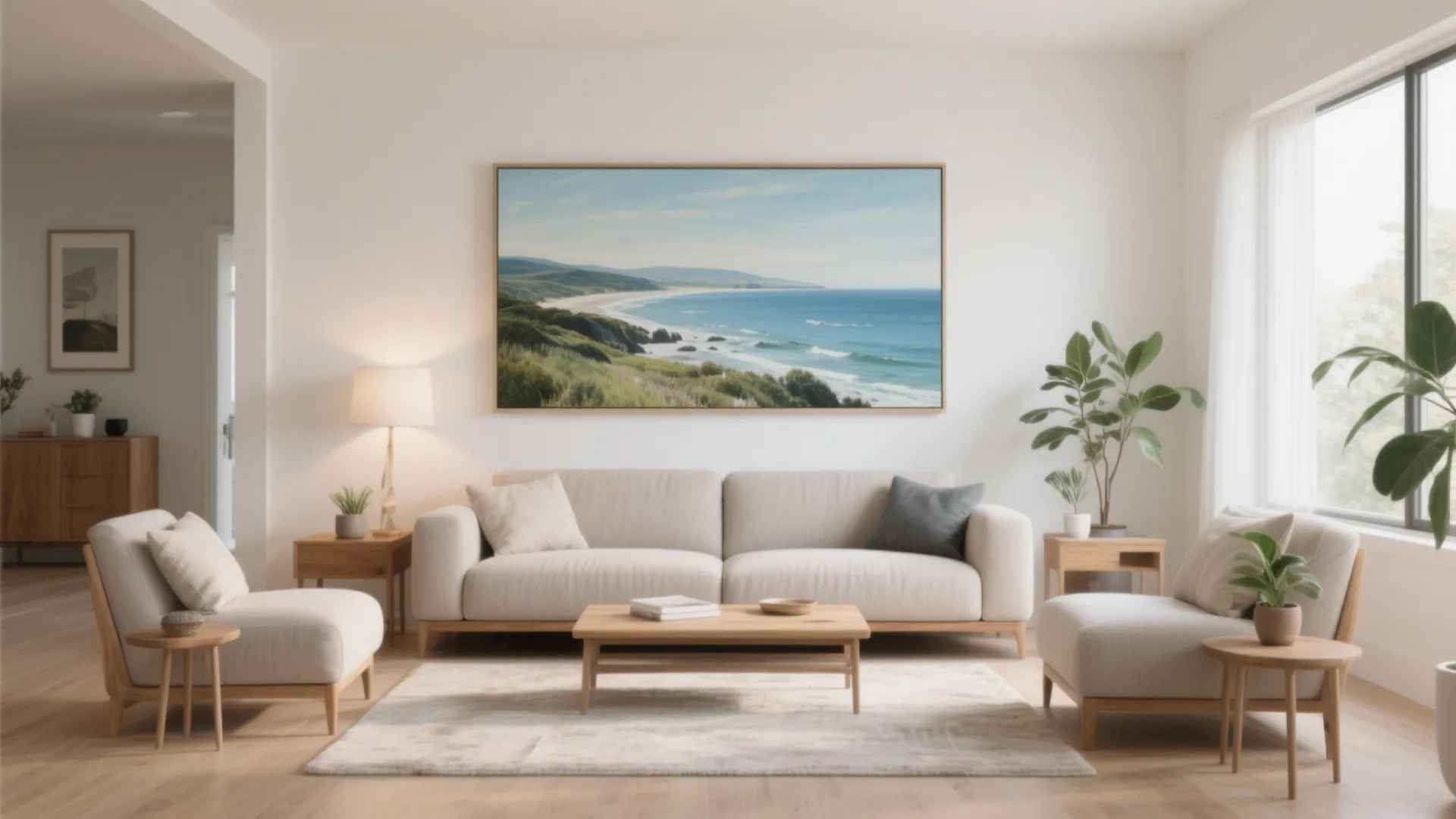Modern bright living room with white sofa wooden coffee table large coastal wall art and plants