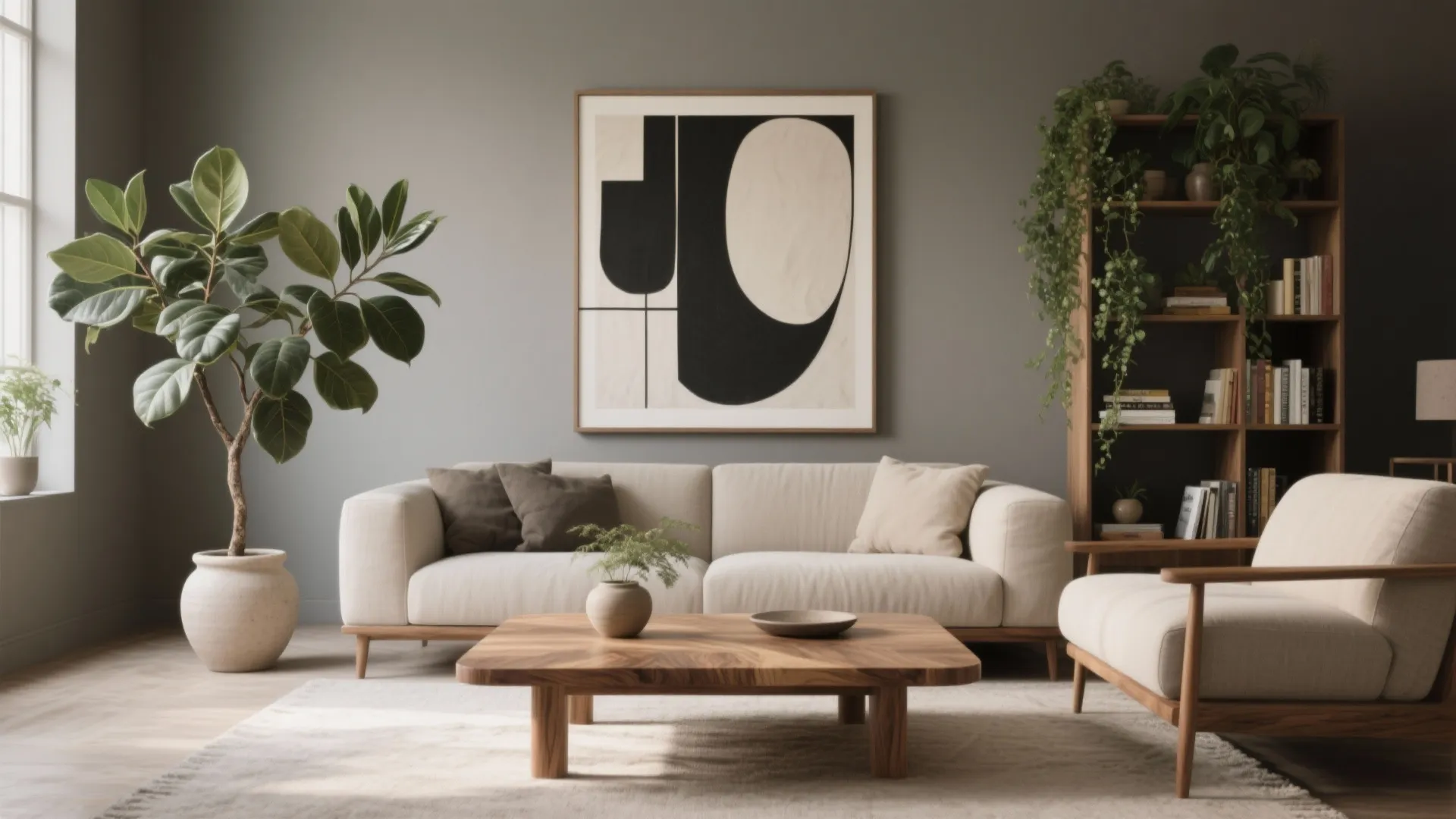 Nature and Art: Plants, Oak Tones, and Oversized Artwork