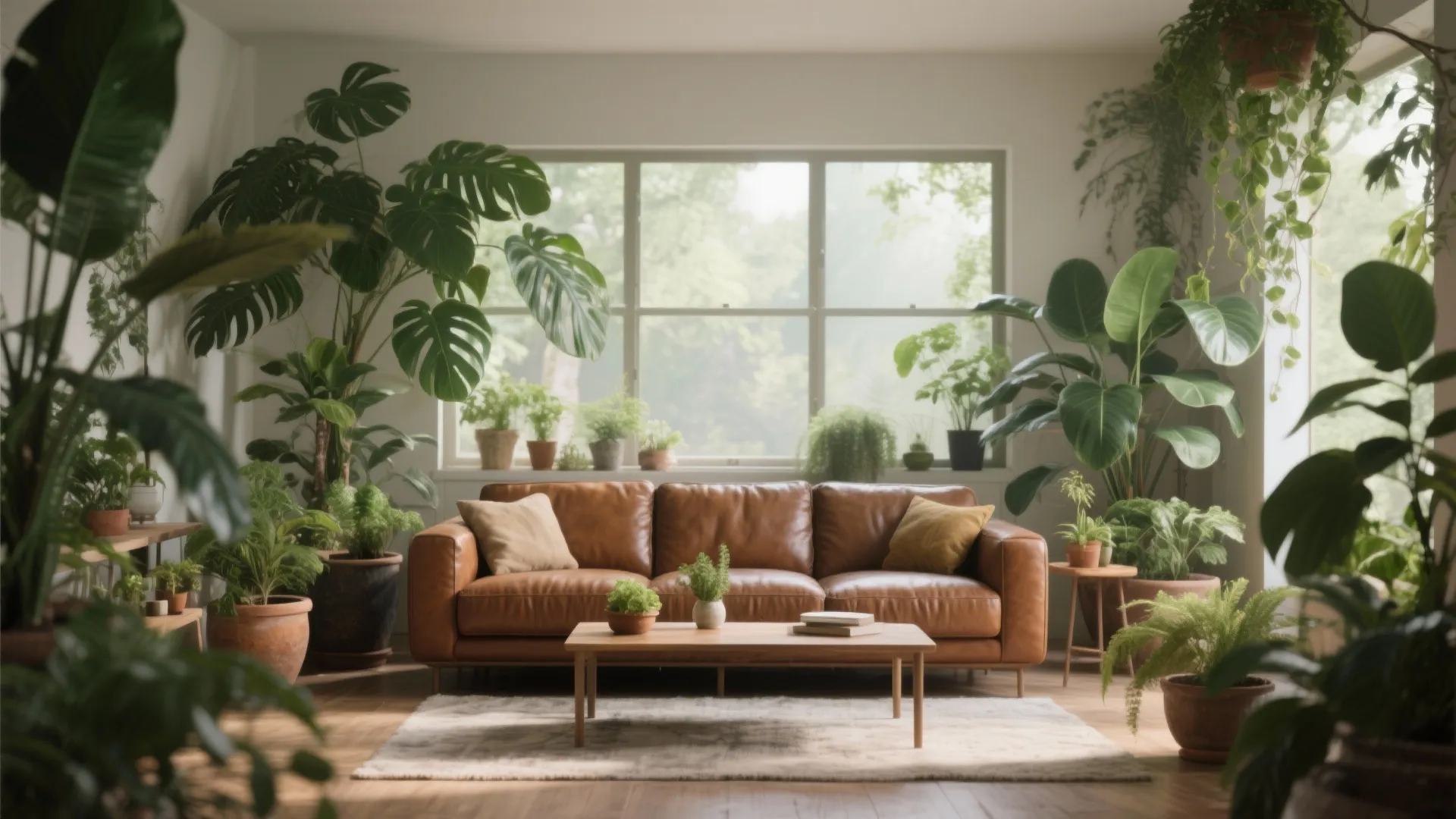 Brown leather couch surrounded by tall plants and greenery