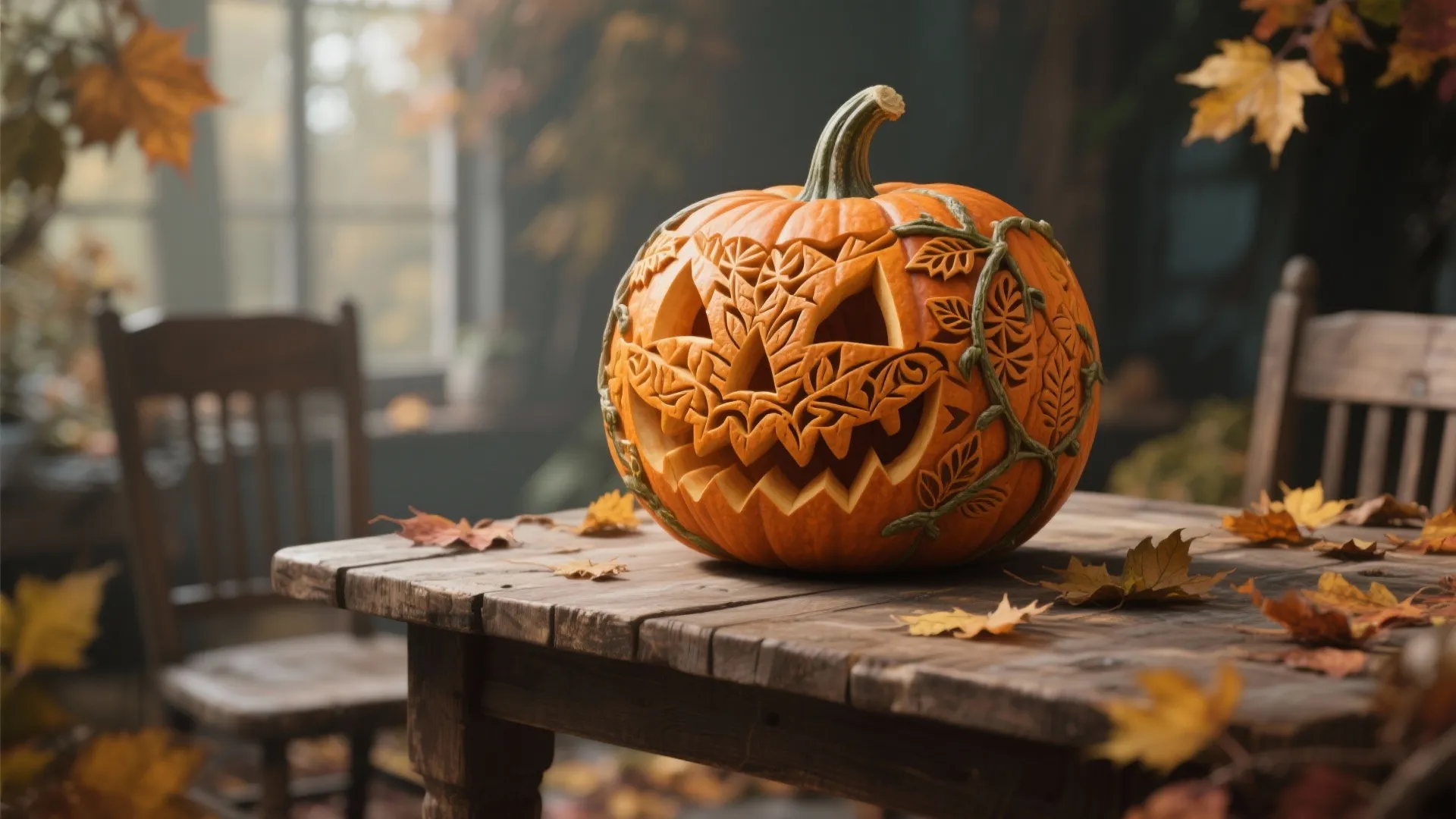 Pumpkin carved with leaf and vine patterns on a rustic table