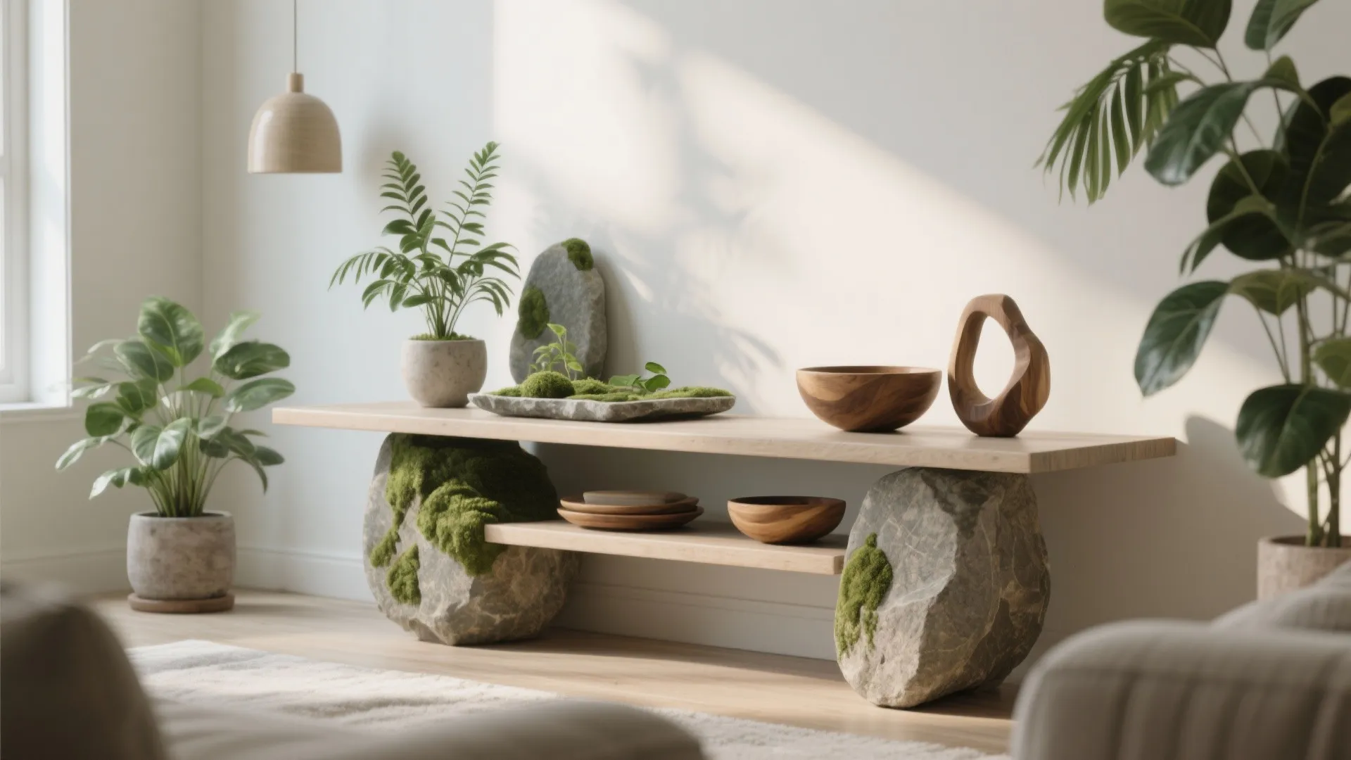 Living room console with plants, stone tray, and wooden bowl