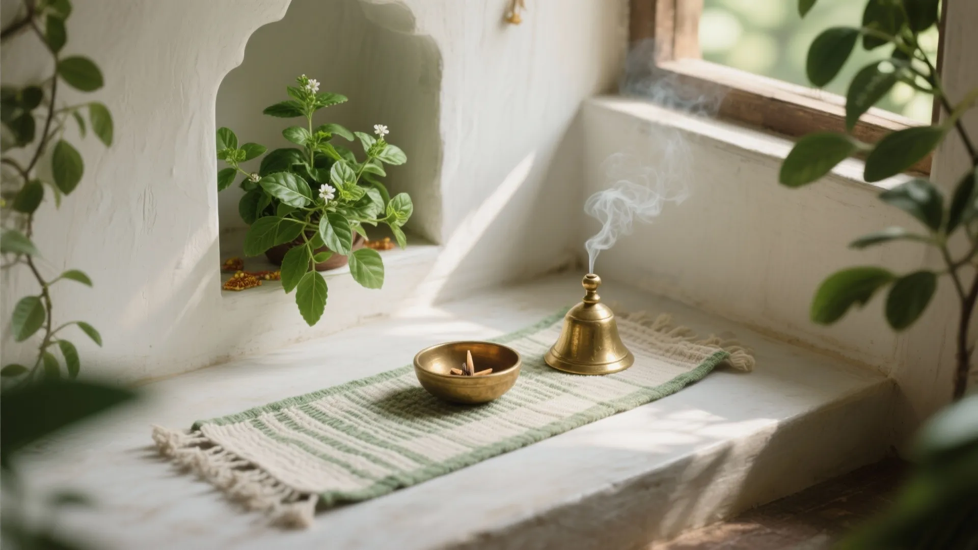 Nature-Infused Pooja Corner: Greens, Cotton, Aroma