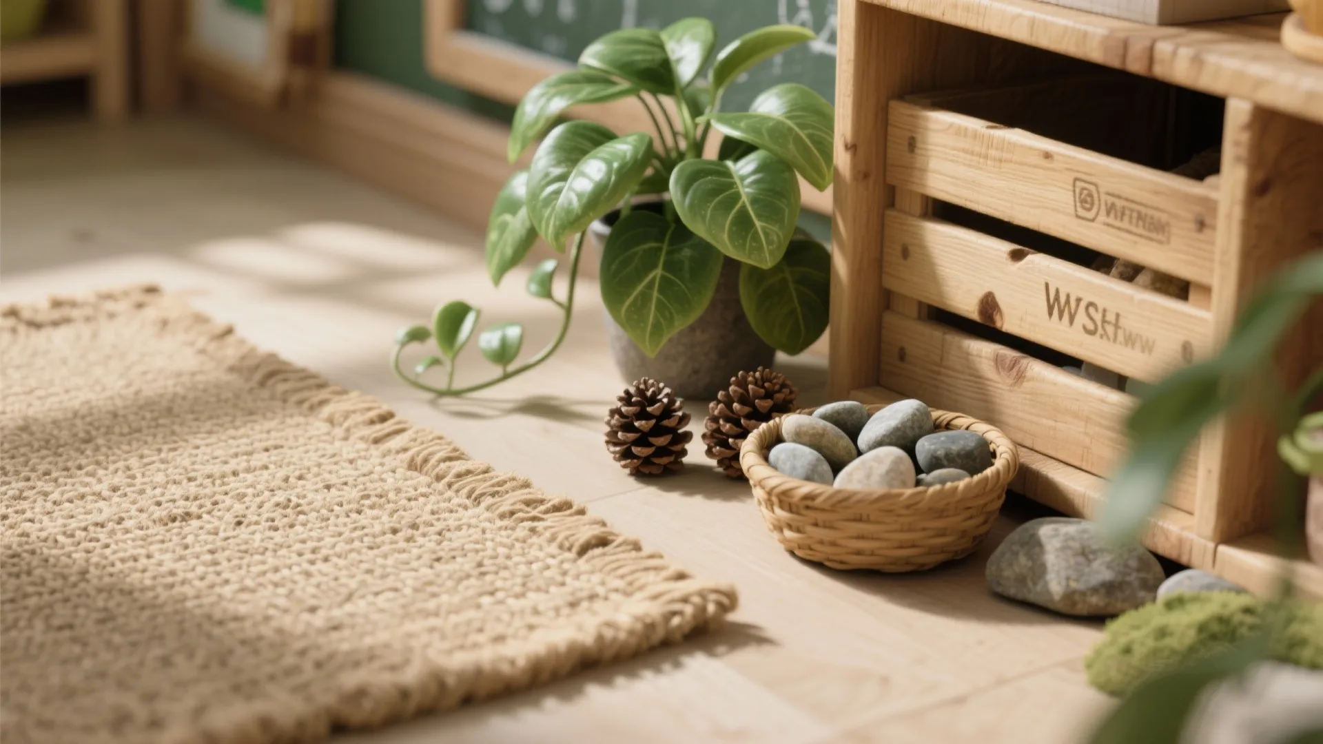 Close up of a nature corner with green plant small stones pine cones and woven rug