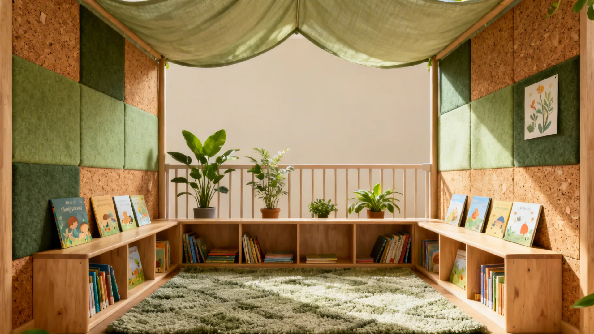 Nature-inspired preschool reading nook with felt panels, cork, rug, and safe plants.