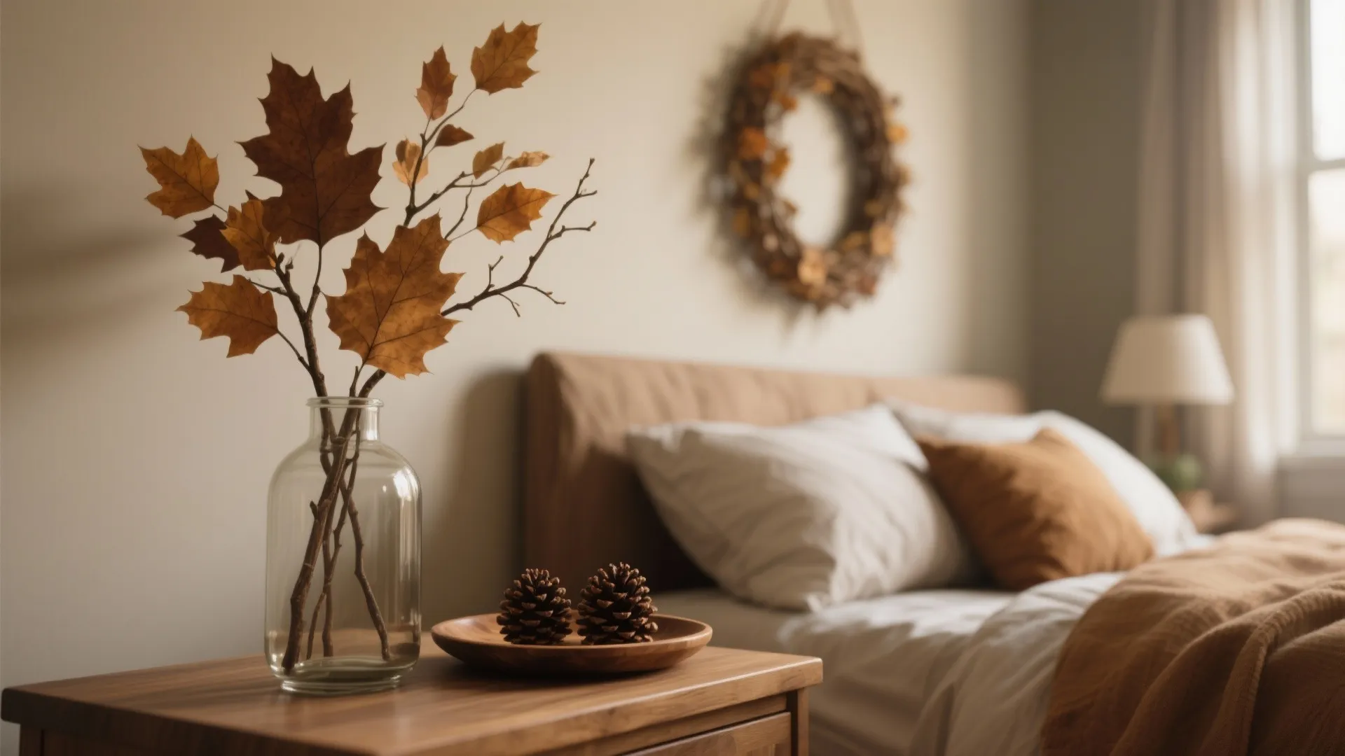 Close up of wooden nightstand with dried leaves in glass vase and pine cones decoration