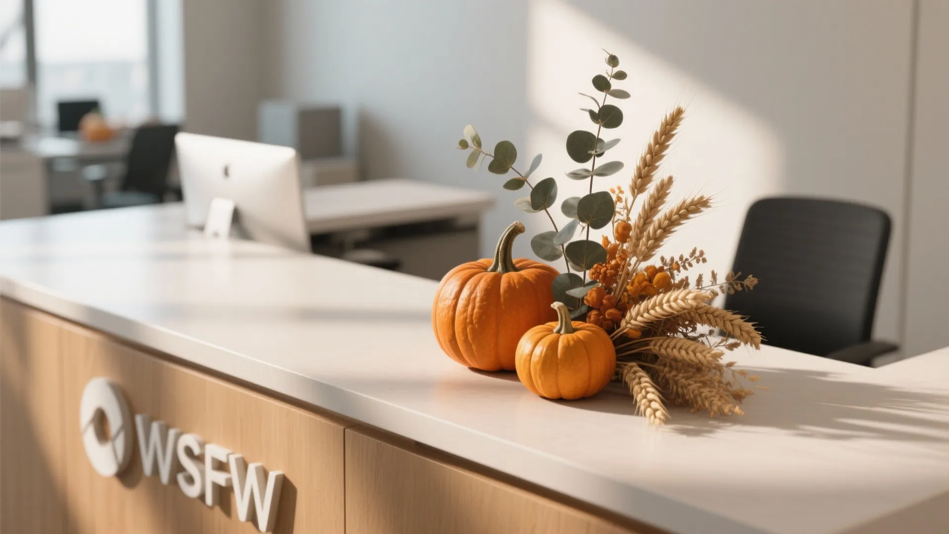 Modern office reception desk decorated with small orange pumpkins and dried wheat for autumn season