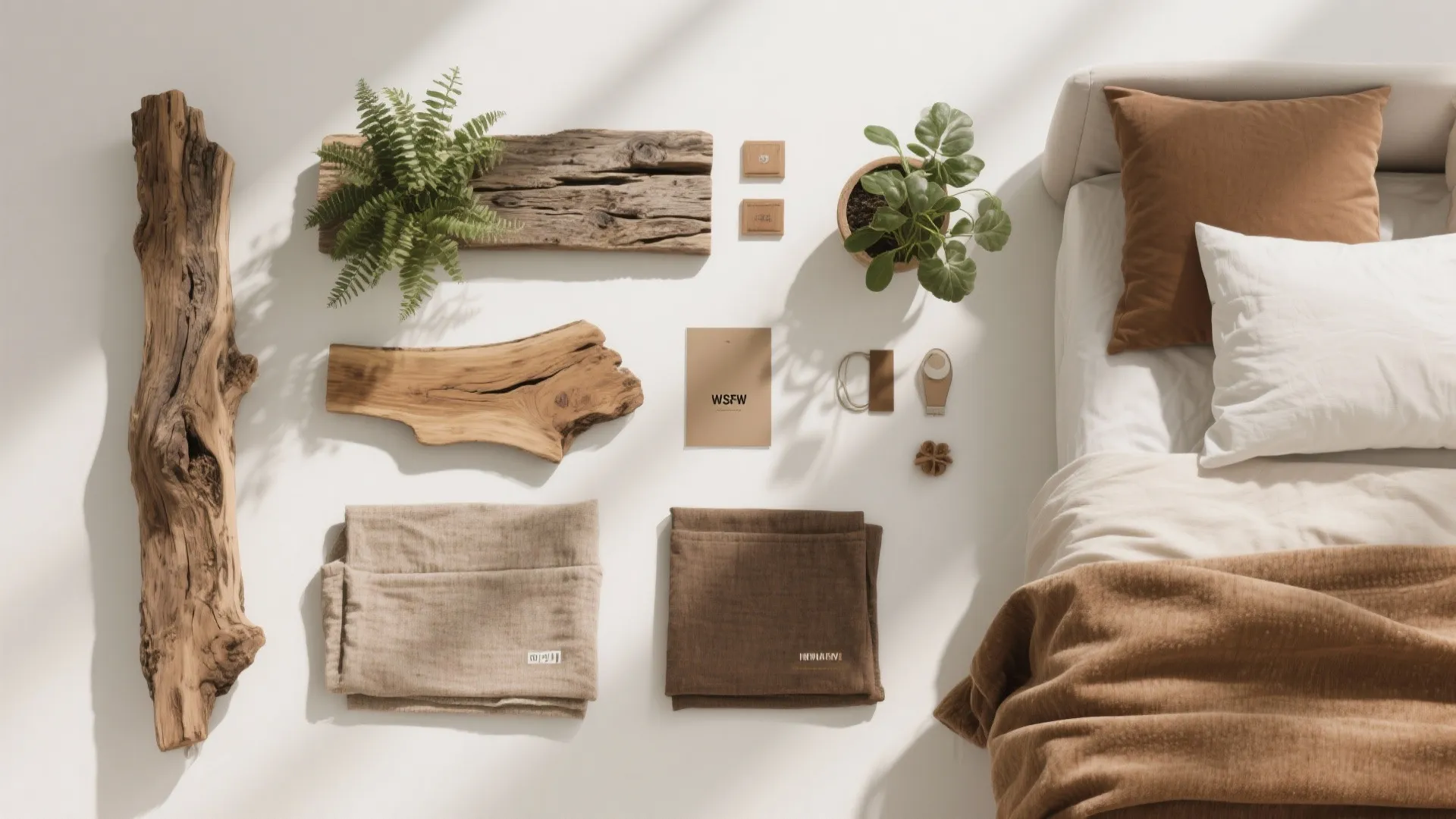 Interior design mood board with wood pieces green plants brown fabrics and white bed sheets layout