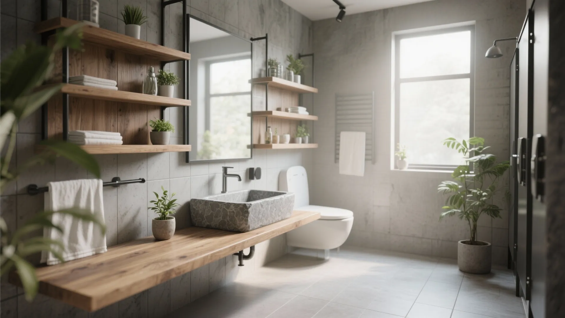 Modern bright bathroom with stone sink wooden shelves white toilet green plants and large window view