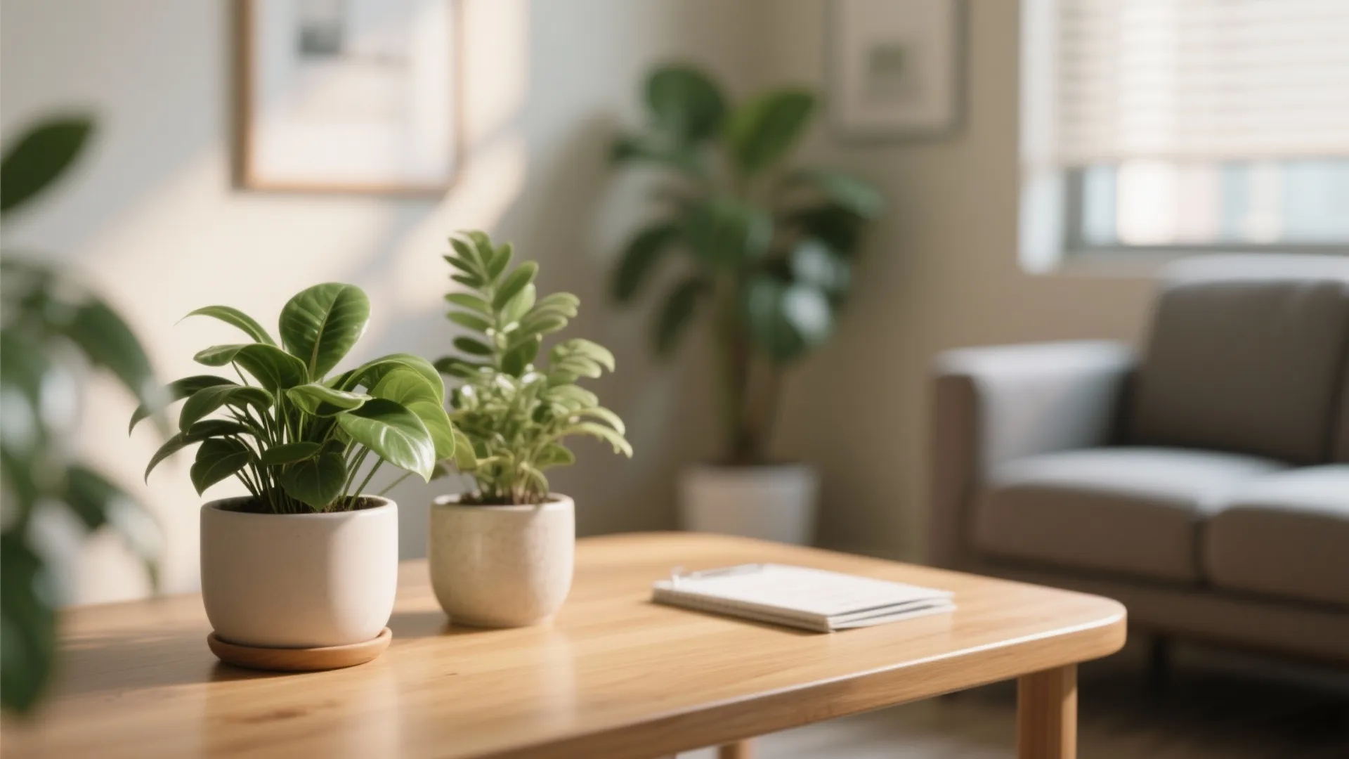 Close up of green potted plants on a wooden coffee table in a bright living room