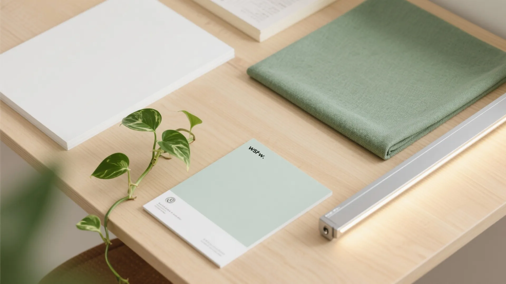 Top view of wooden desk with green fabric swatch light fixture green plant and white paper