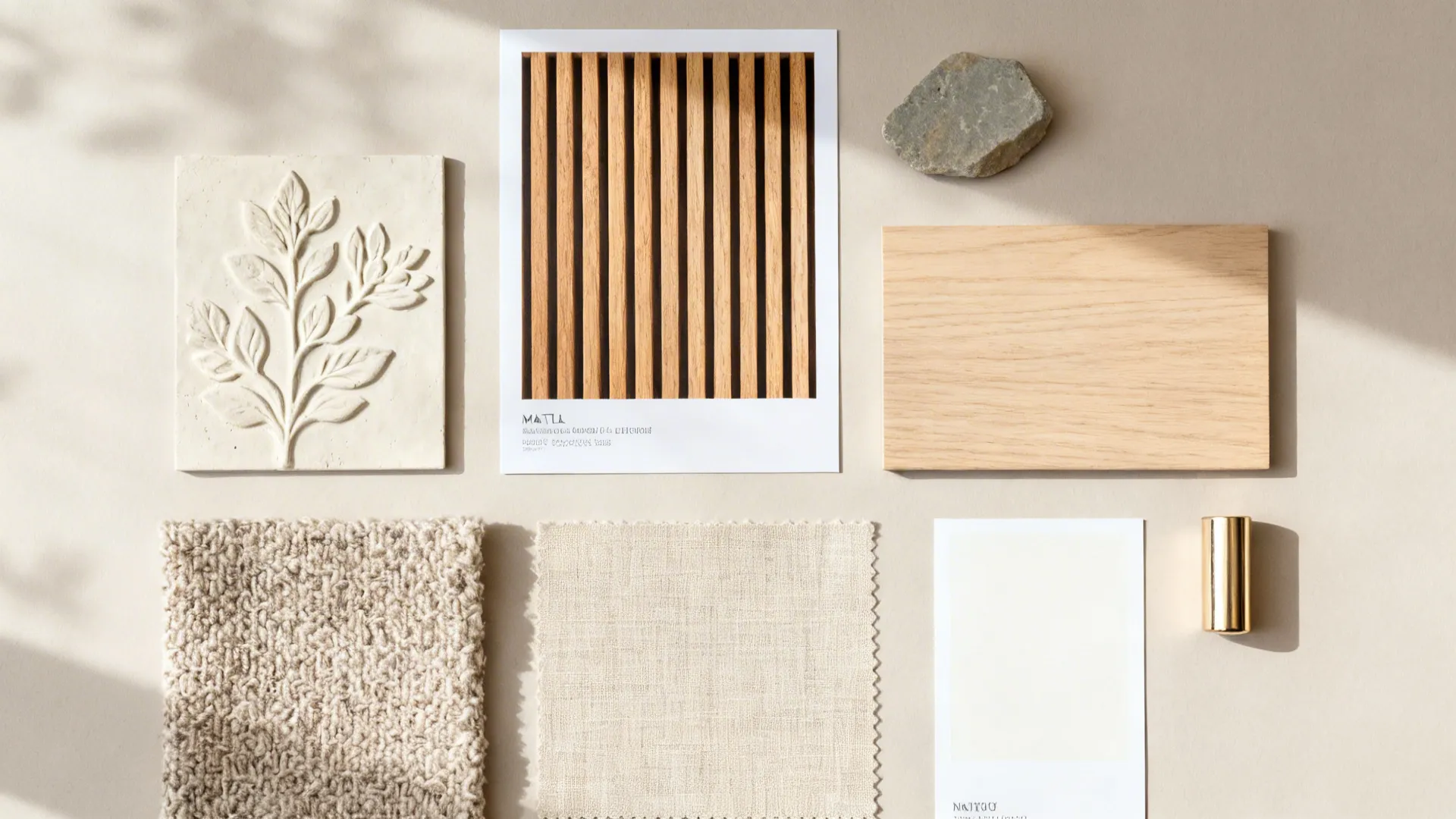 Flat lay of wood-slat and botanical 3D wallpaper swatches with boucle, linen, and warm finishes.