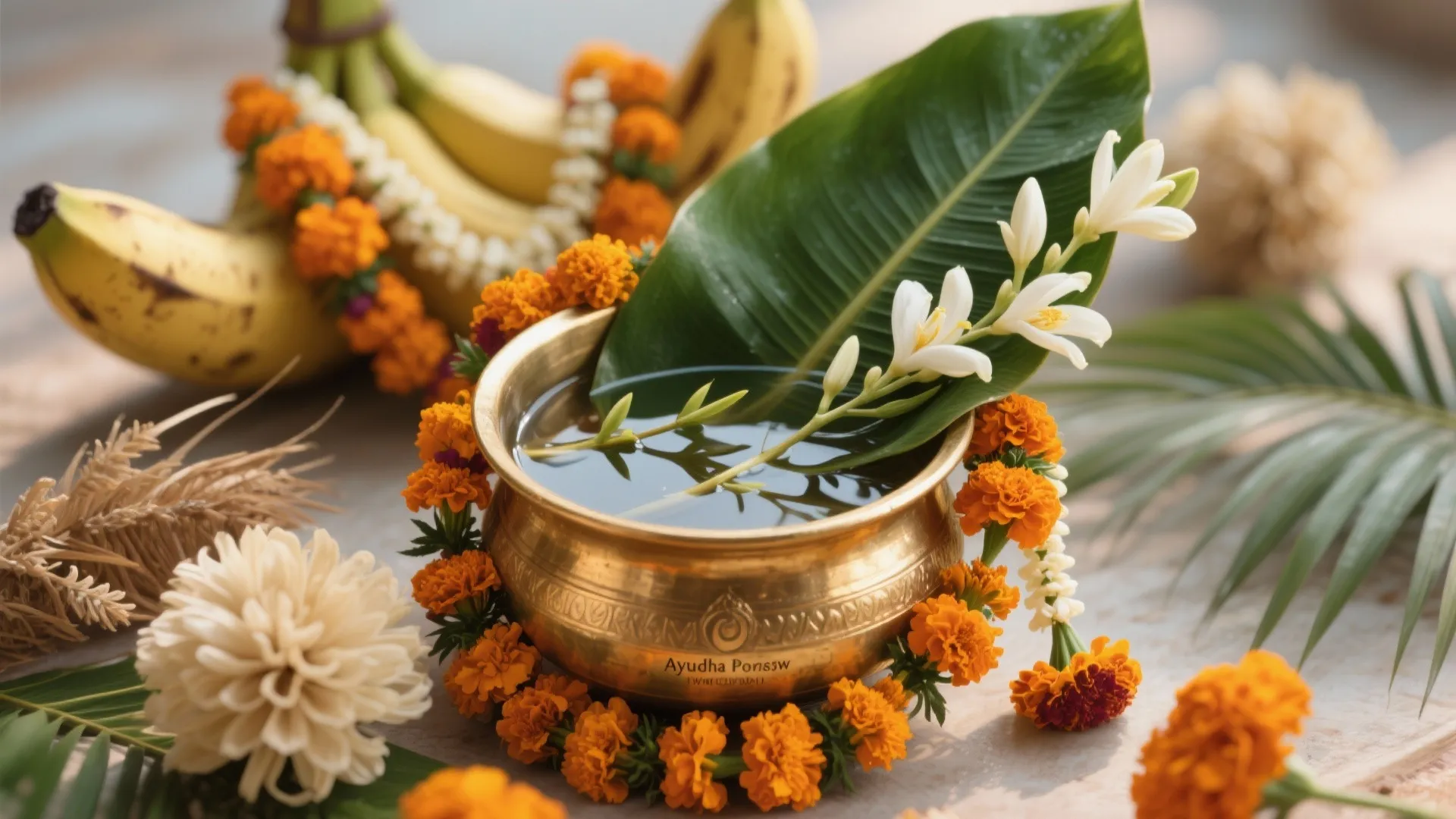 Brass bowl with water and flowers surrounded by orange marigold garlands and yellow fresh bananas