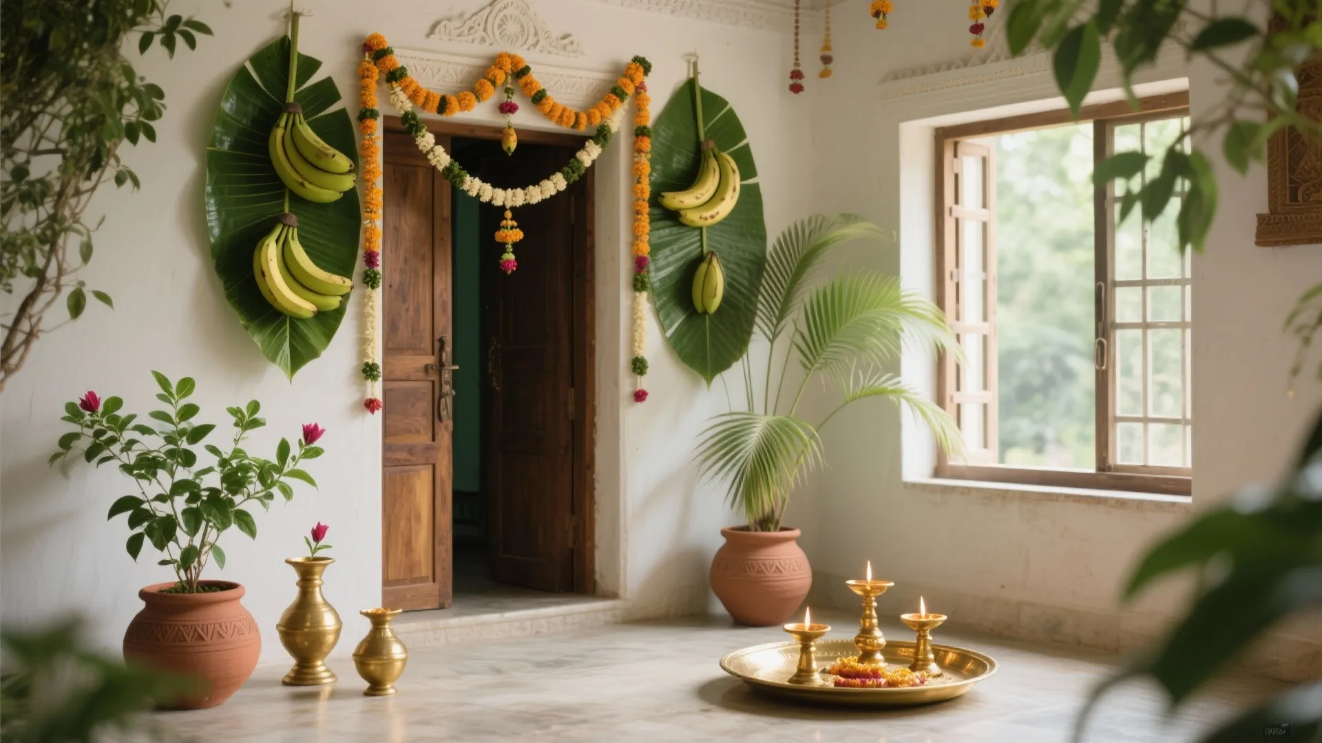 Nature-Forward Touches: Greenery, Torans & Fresh Leaves