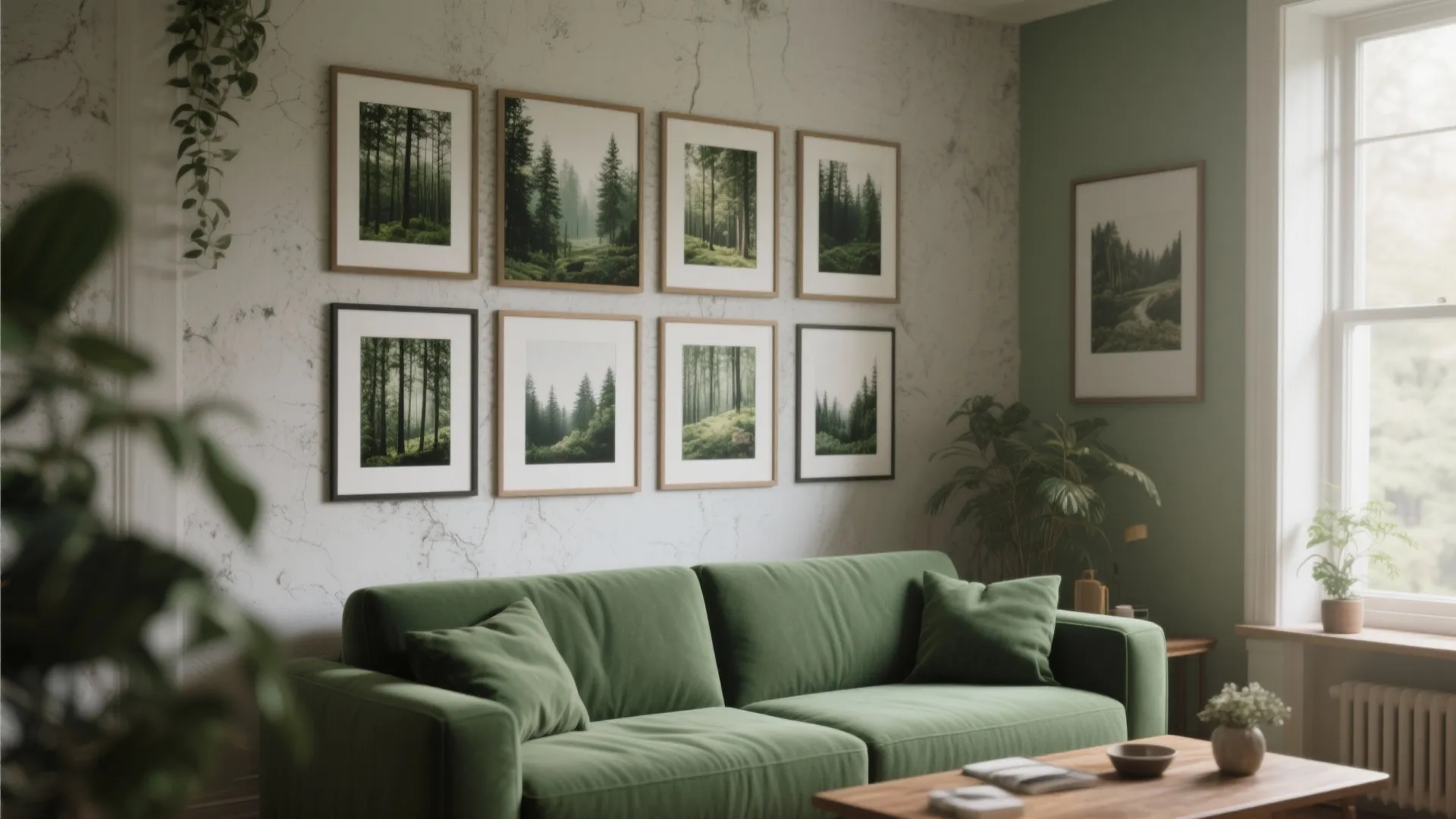 Olive green sofa with a nature-themed gallery wall