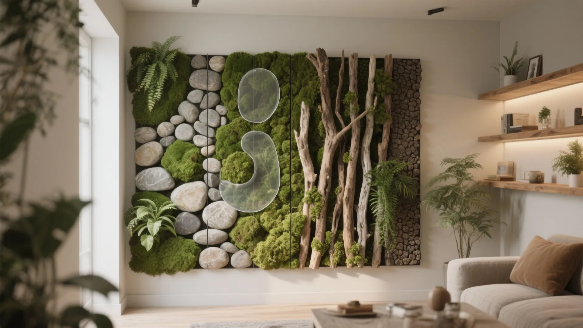 Living room wall featuring a vertical garden with moss stones wood branches and green plants