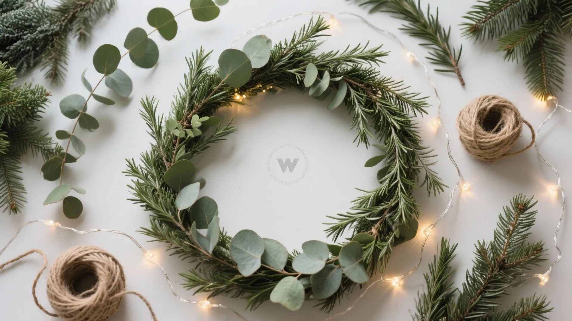 Flatlay of eucalyptus, pine, rosemary and lights for Christmas garland