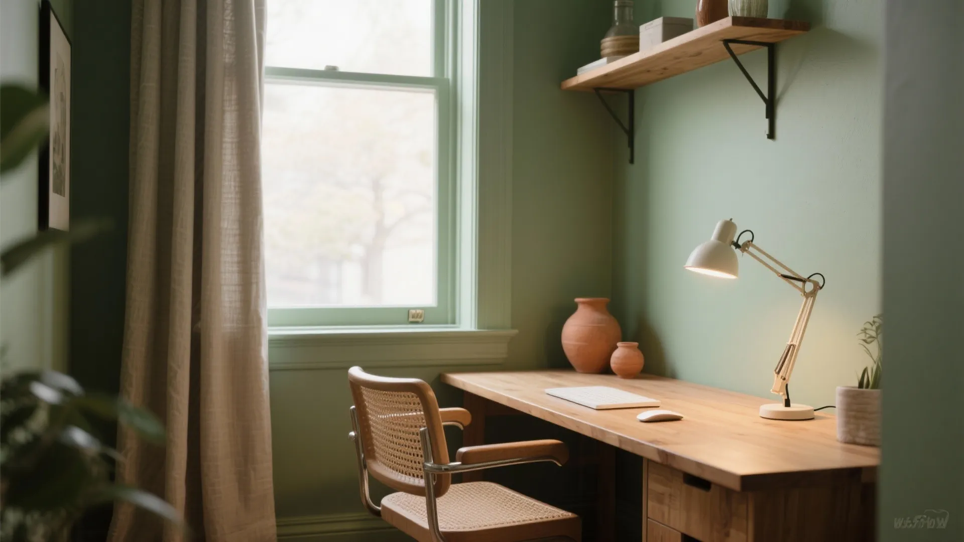 Green study room with wooden desk woven chair table lamp window curtains and wall shelf