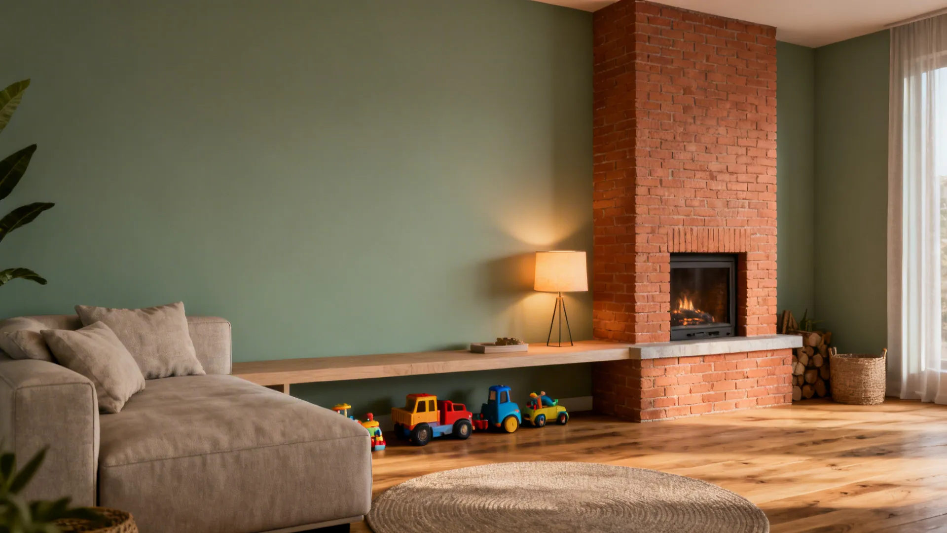 Living room with desaturated sage walls and warm accents, or clay wall echoing a brick fireplace.