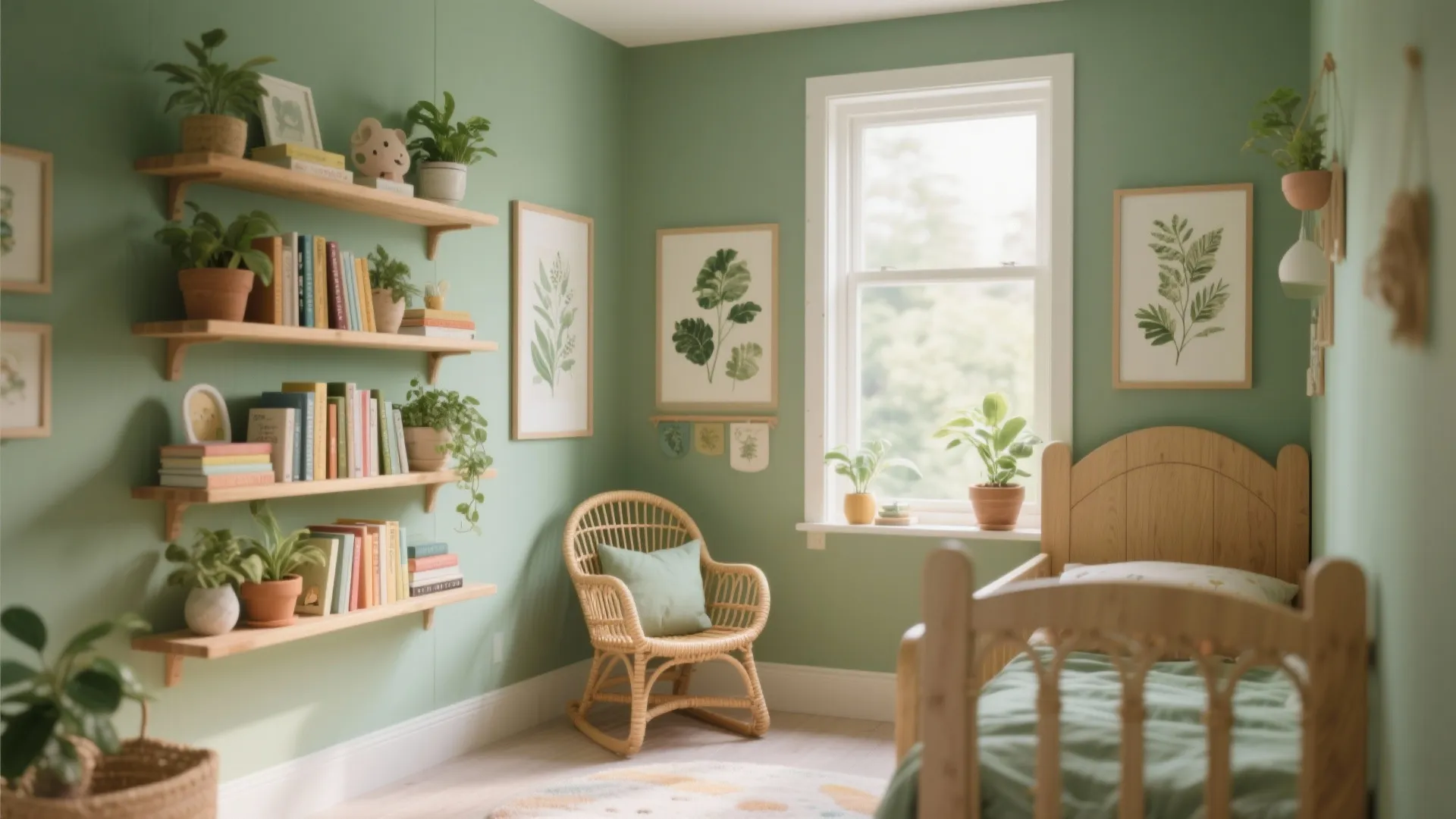 Green bedroom with wooden bookshelves many plants rattan chair wooden bed and large bright window