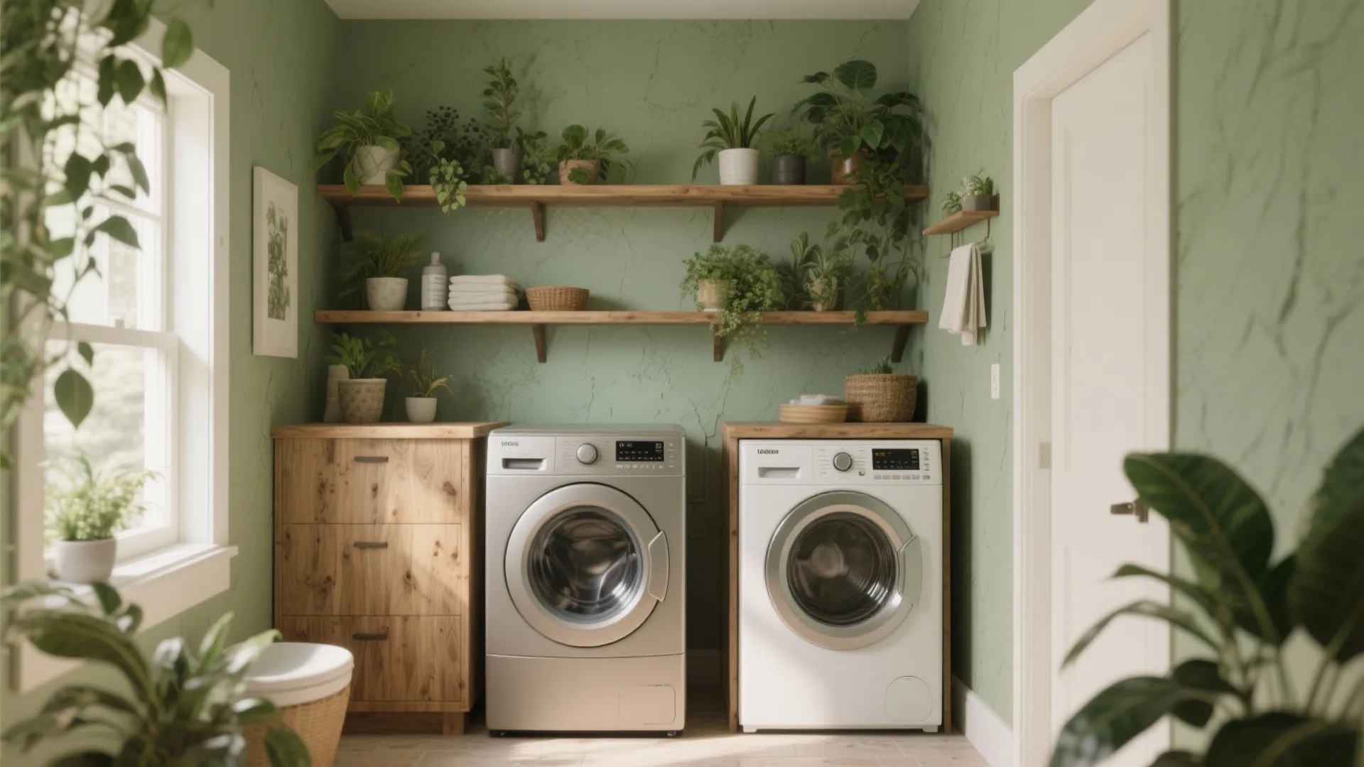 Laundry nook with sage-green walls, wood shelving and plants creating a grounded, fresh atmosphere.