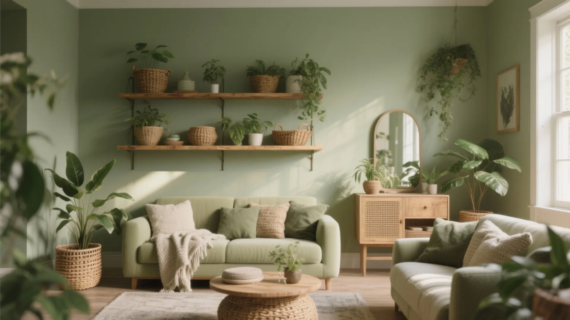 Green living room with light green sofa wooden shelves potted plants mirror and a round table