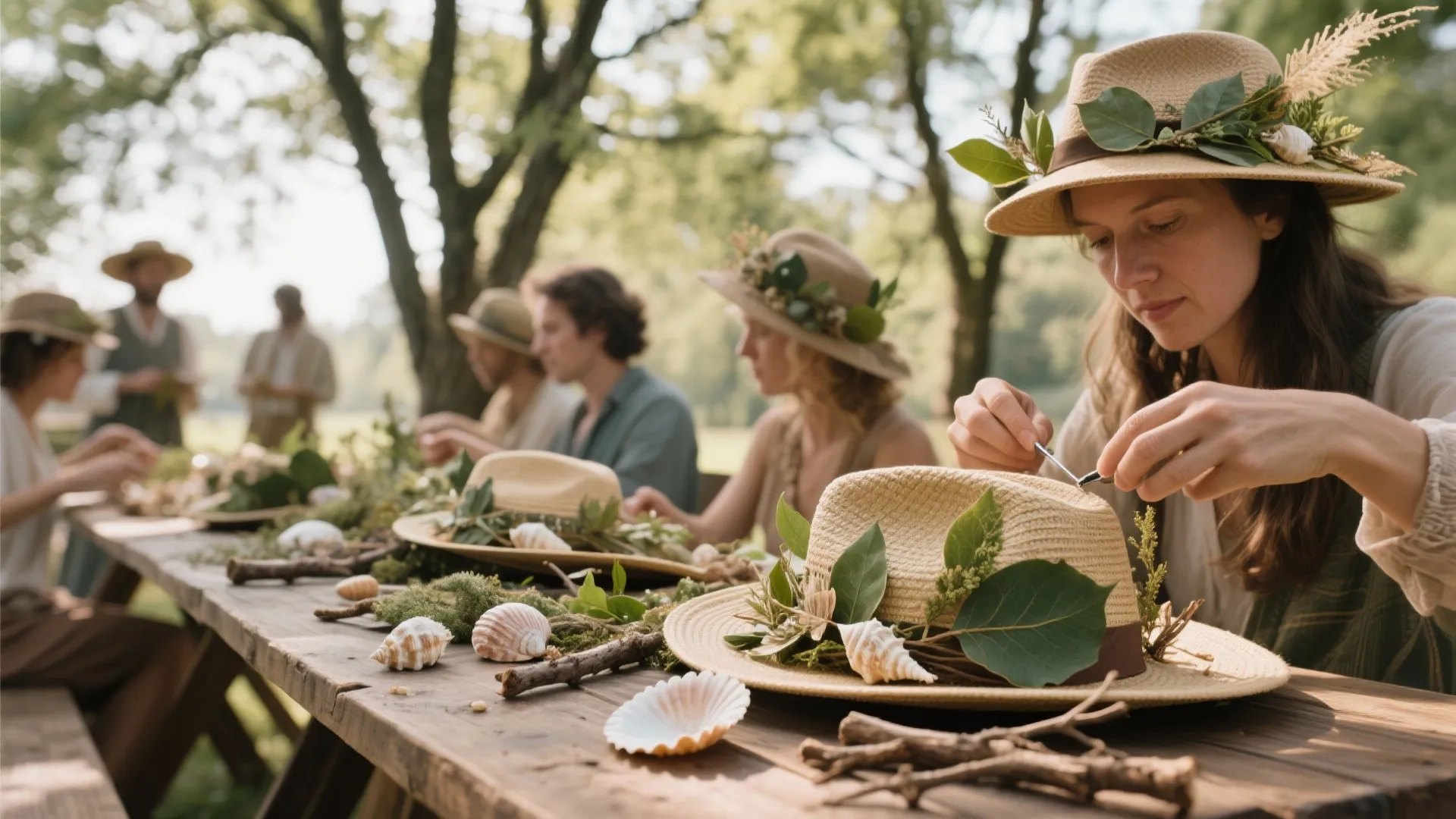 Group of people decorating straw hats with green leaves and seashells at outdoor wooden table