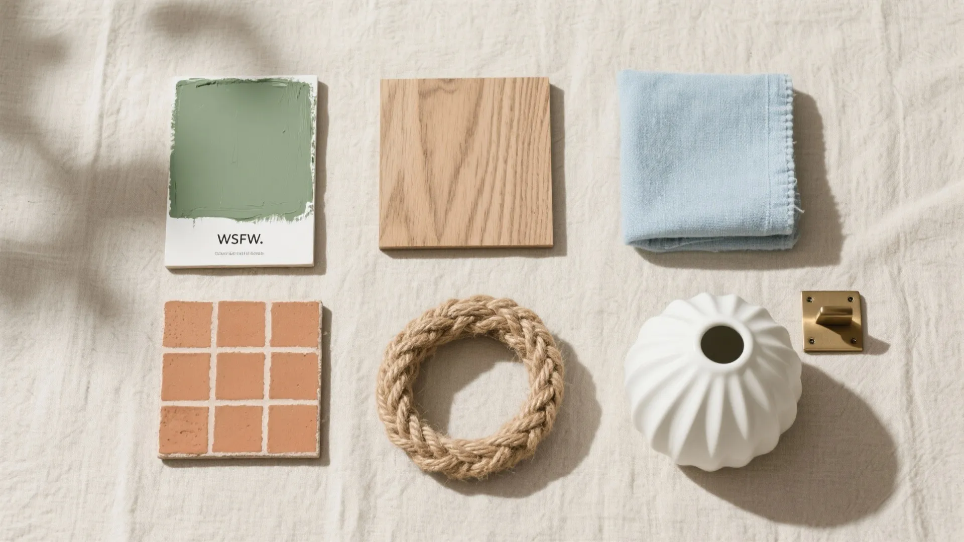 Interior design materials flat lay featuring green paint, wood, blue cloth, tiles, rope, and vase