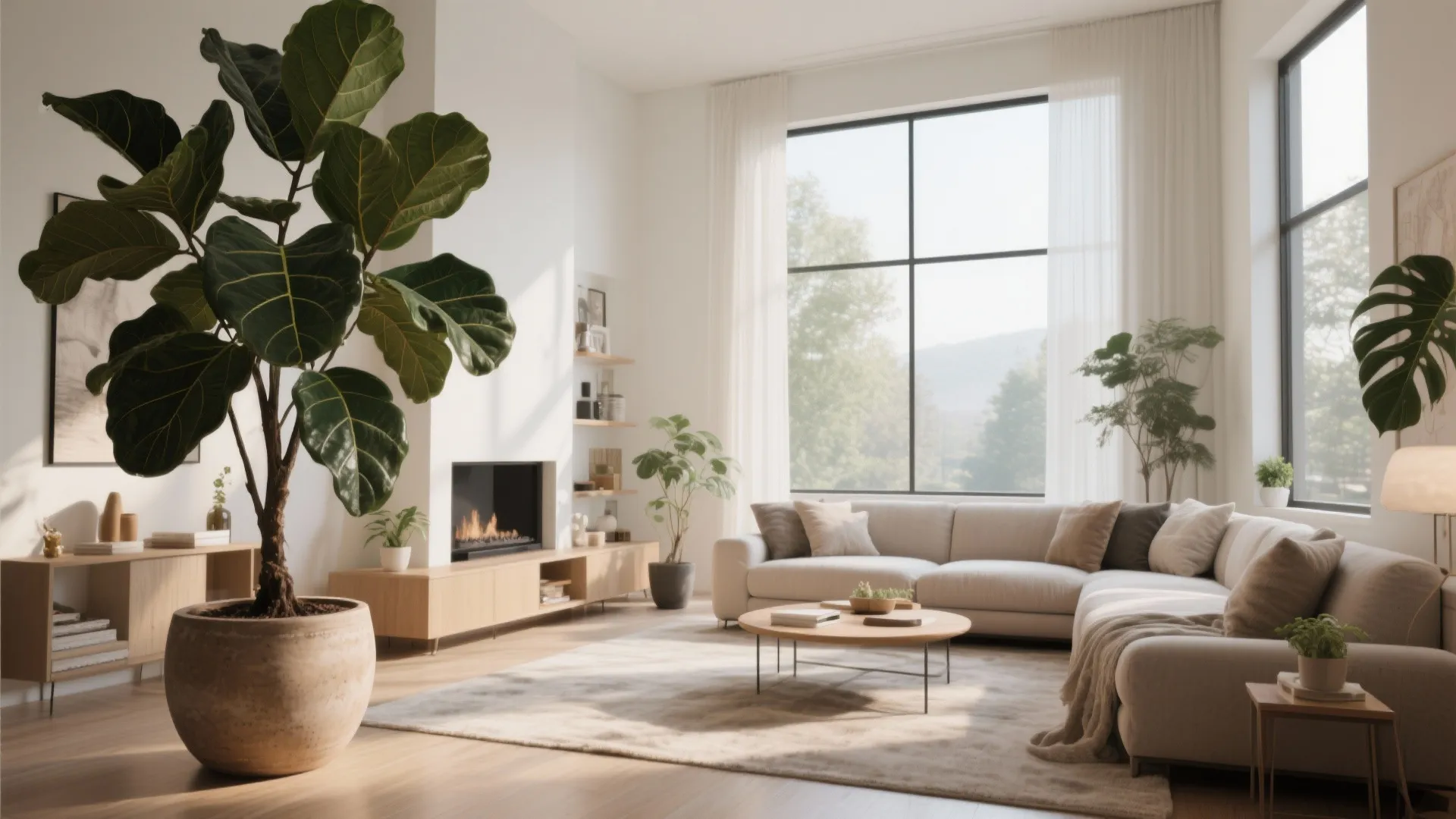 Bright living room with large green potted plant, sectional sofa, wooden cabinet, and big windows