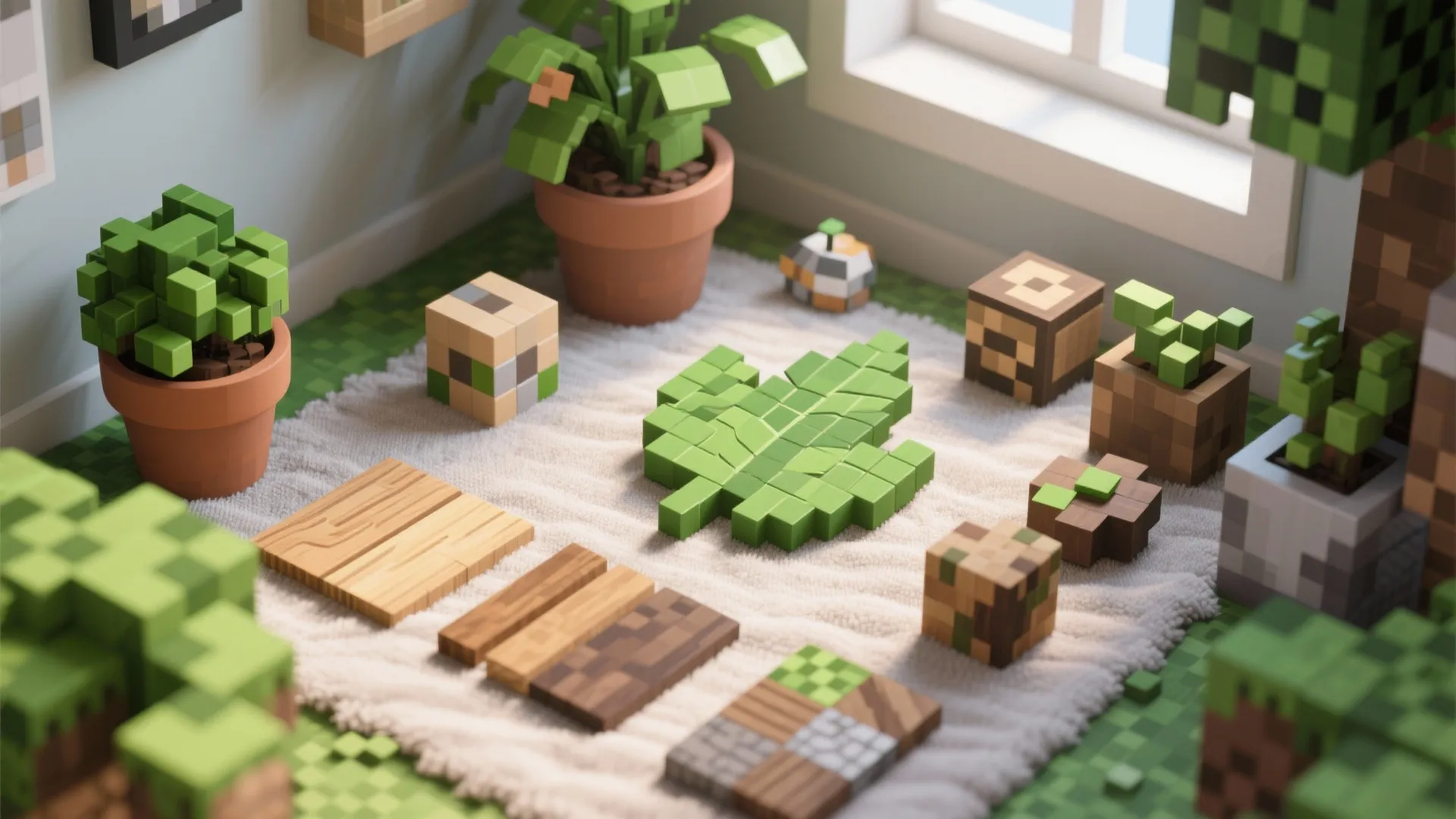 Flat lay of plants and wood textures for a Minecraft-inspired indoor nature corner