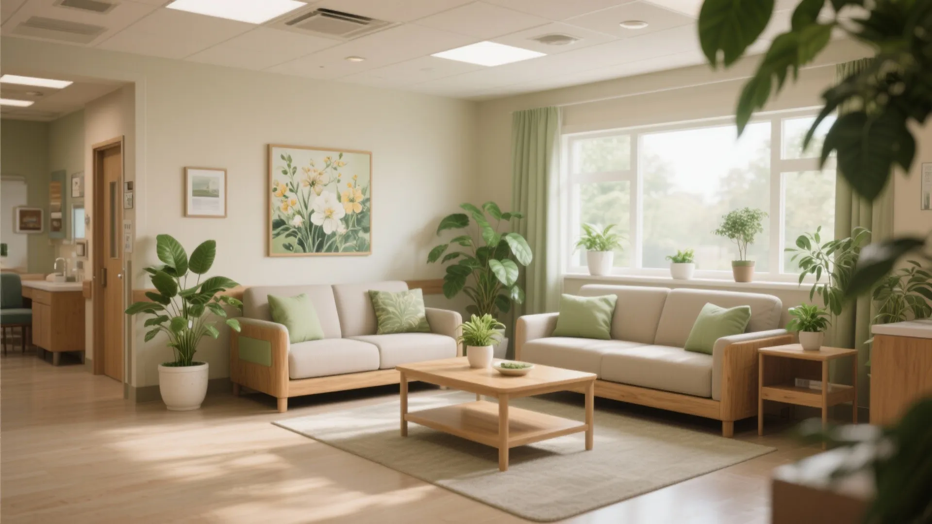Bright living area with green cushions on beige sofas, wood coffee table, and many plants