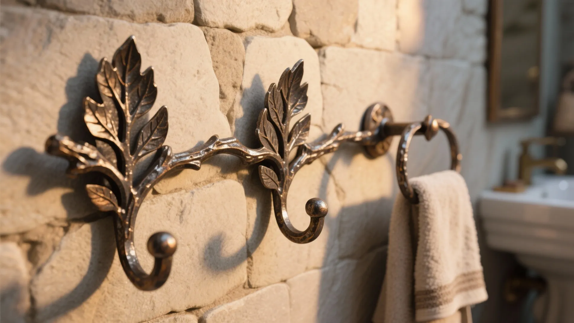 Metal leaf shaped wall hooks and towel ring with white towel on rustic stone bathroom surface