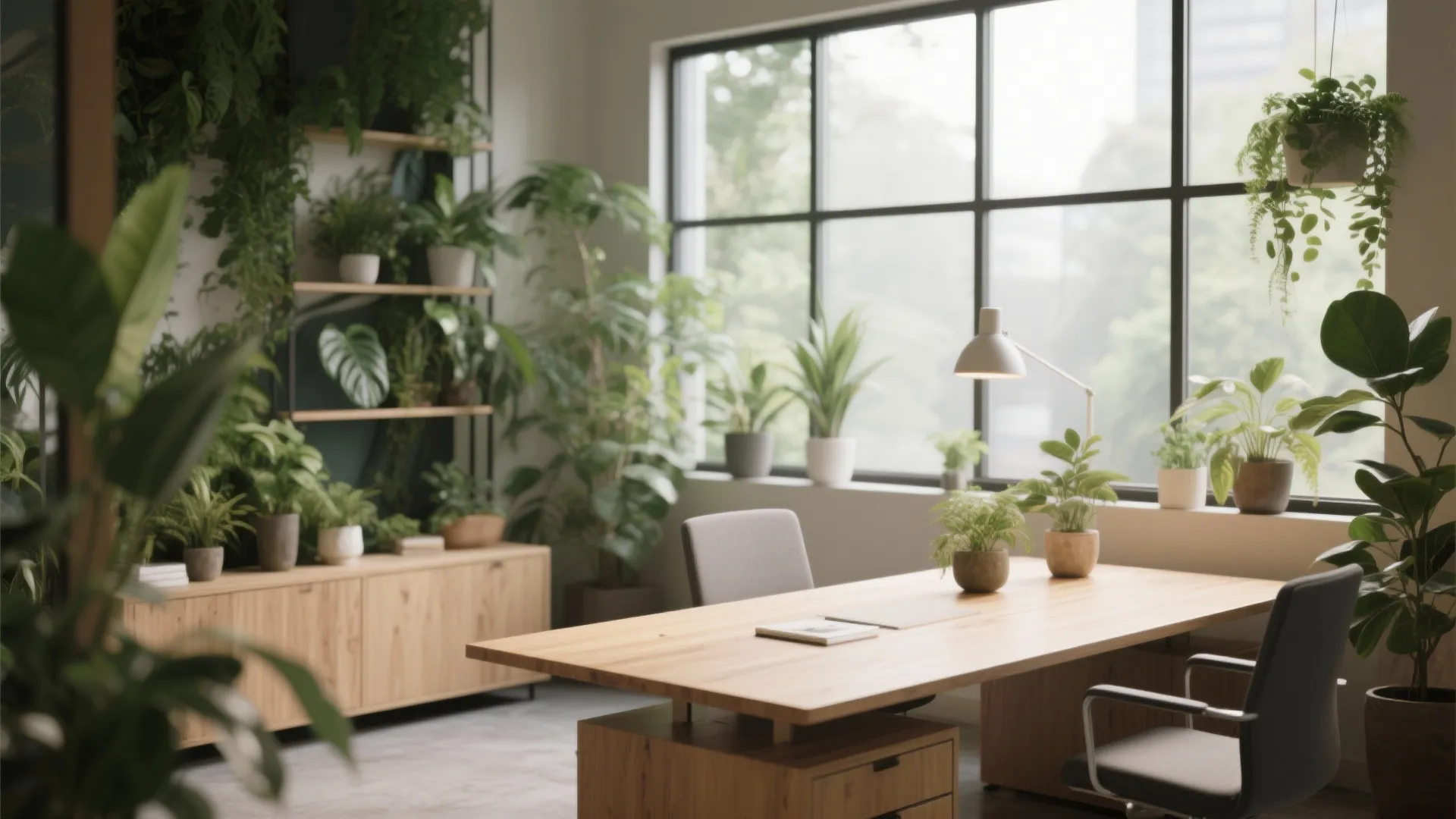 Bright office space filled with green indoor plants wooden desk large windows and wood cabinet