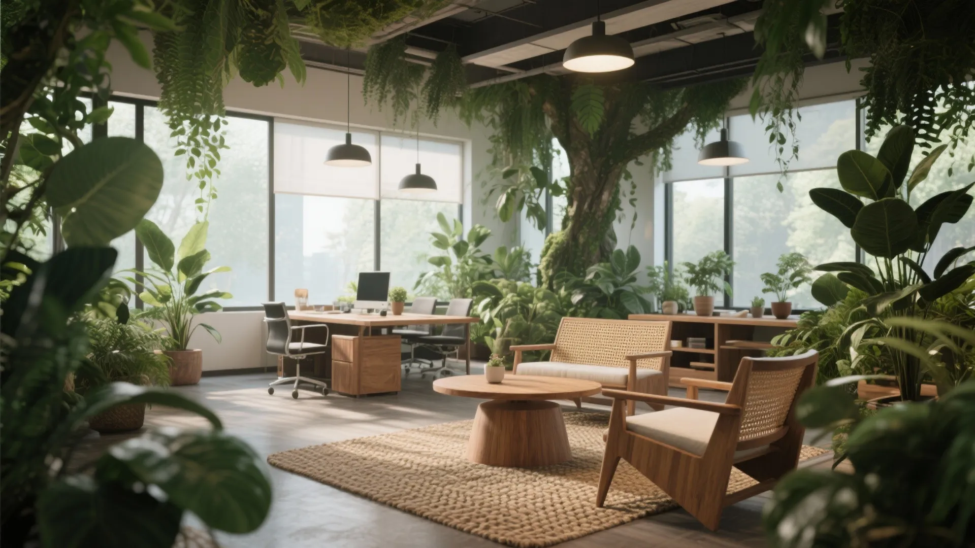 Nature inspired office space with many green plants wooden chairs round table and large windows