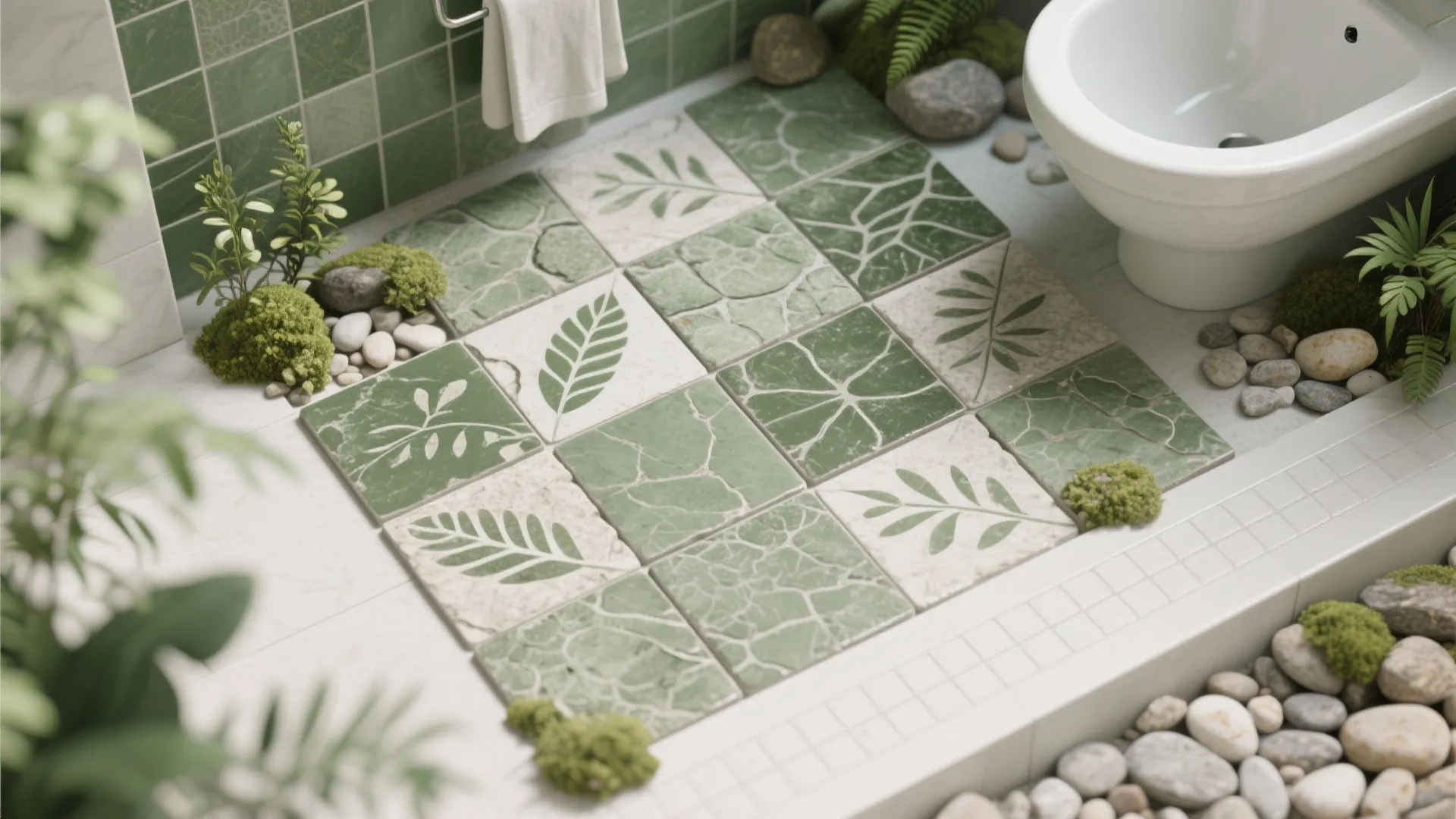 Green and white bathroom floor tiles with leaf patterns surrounded by small stones and plants