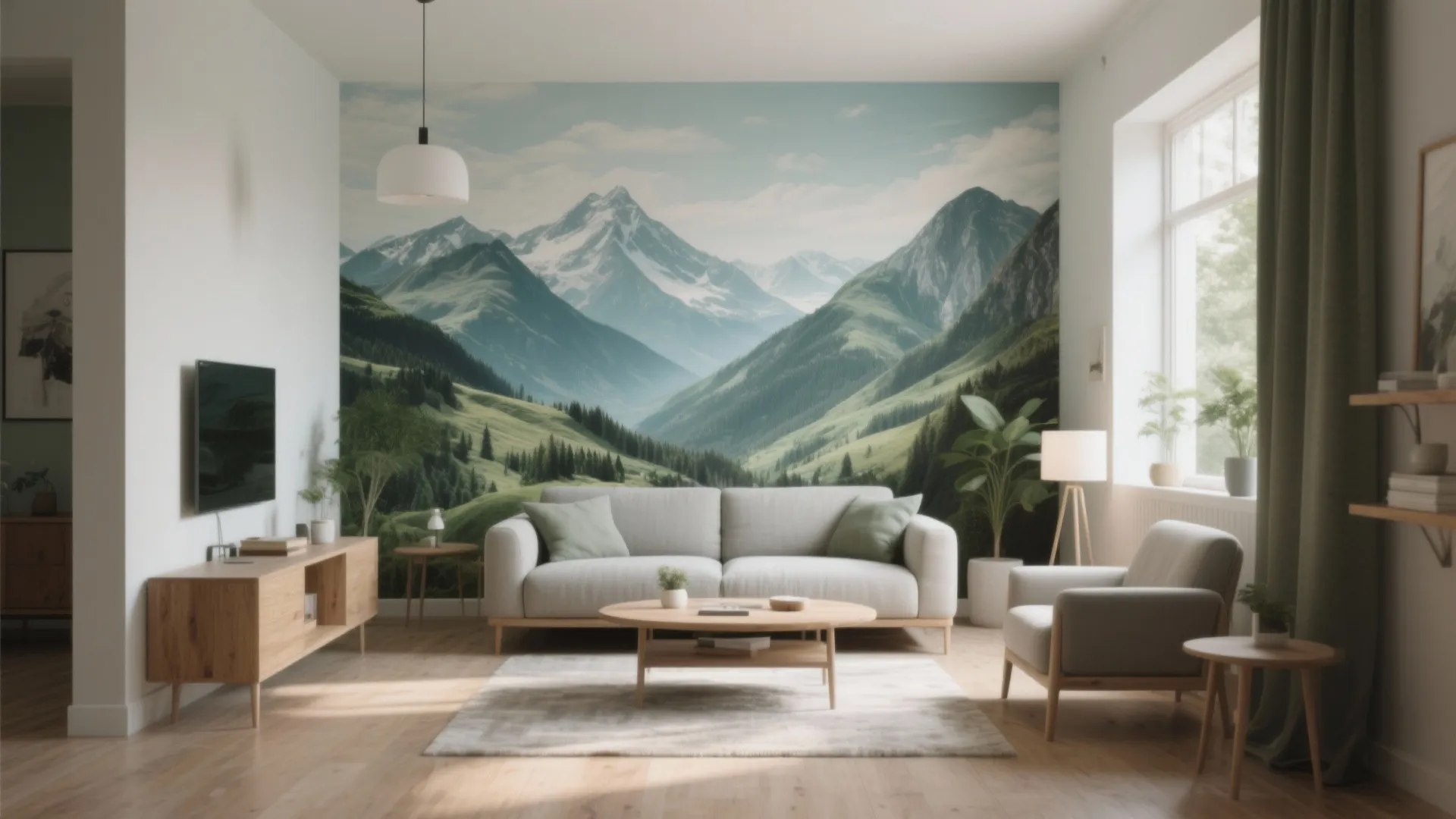 Modern living room featuring a large mountain landscape wall mural behind a grey fabric sofa