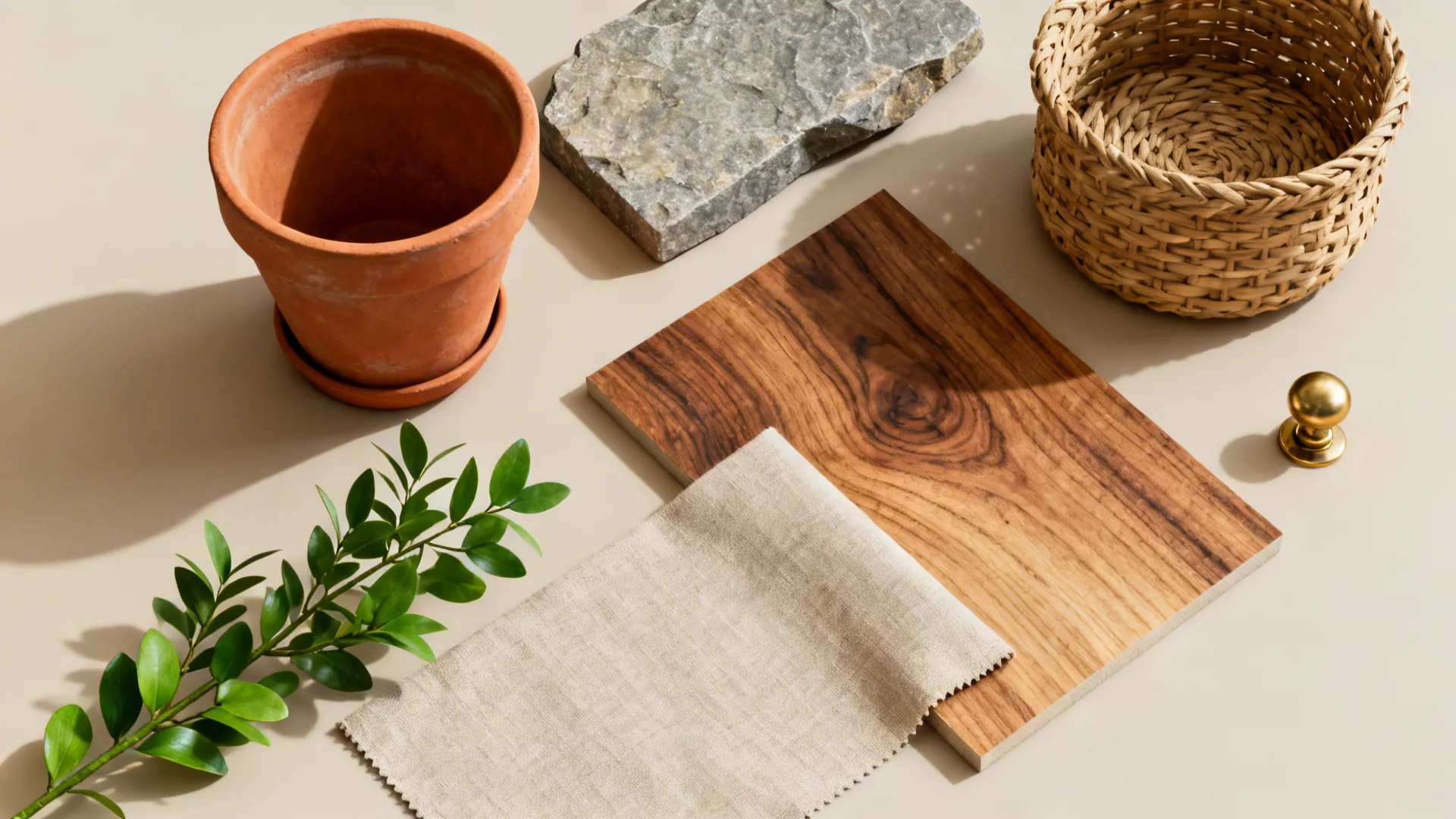 Flatlay of terracotta, stone, woven basket, wood and foliage samples for green and brown palette.
