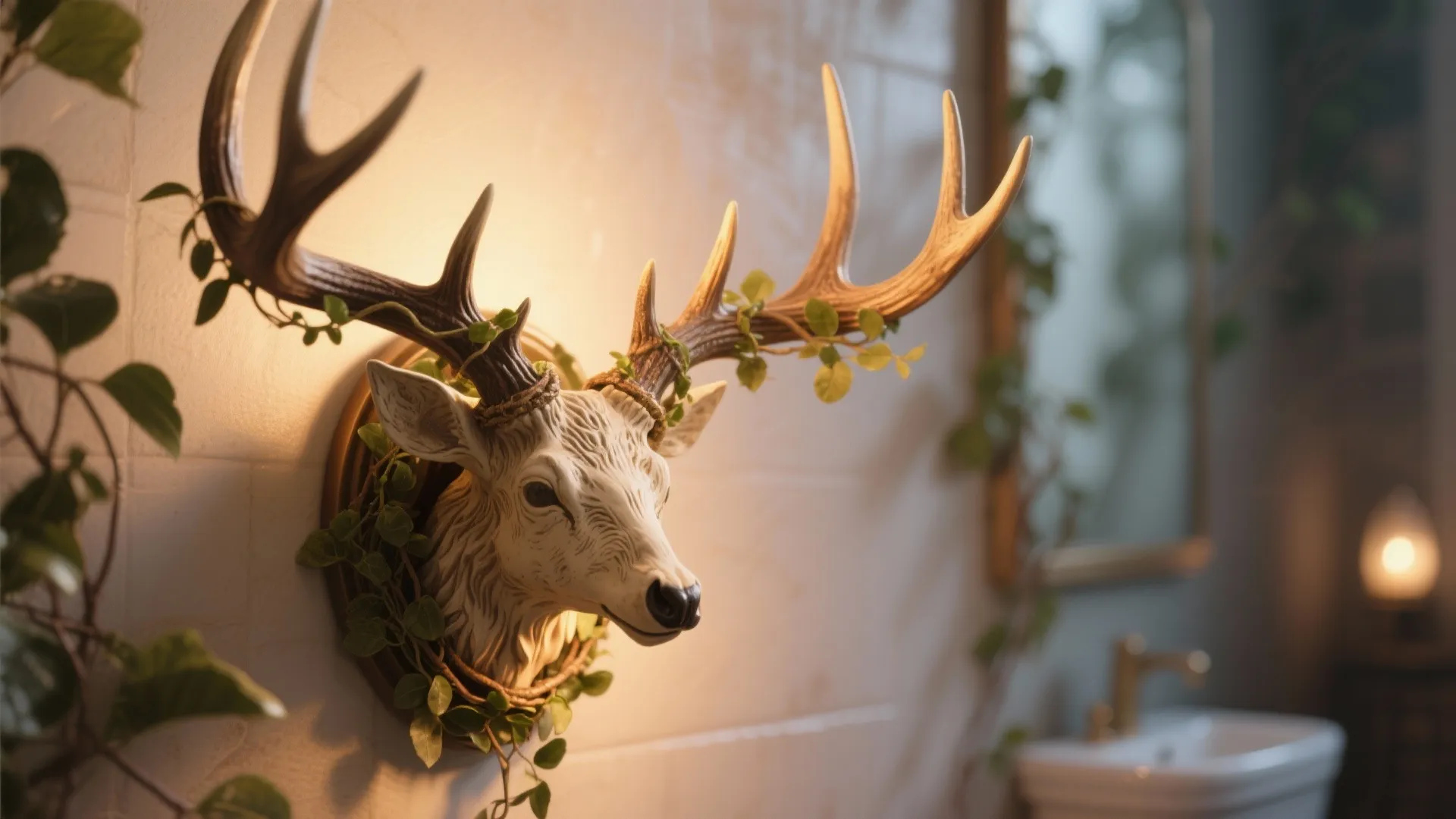 Deer head wall light fixture with green leaves decoration on white tiled bathroom wall surface
