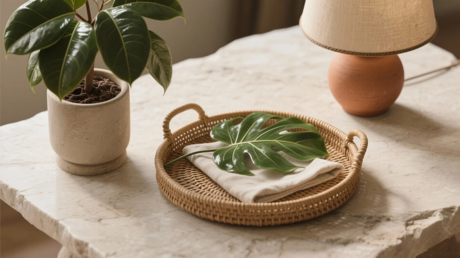 Close up of marble table with woven tray green leaf potted plant and small table lamp