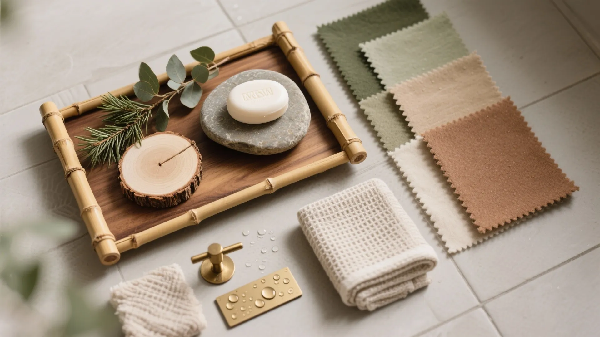 Top-down flat lay of teak, bamboo, stone, eucalyptus, and warm fabric swatches.