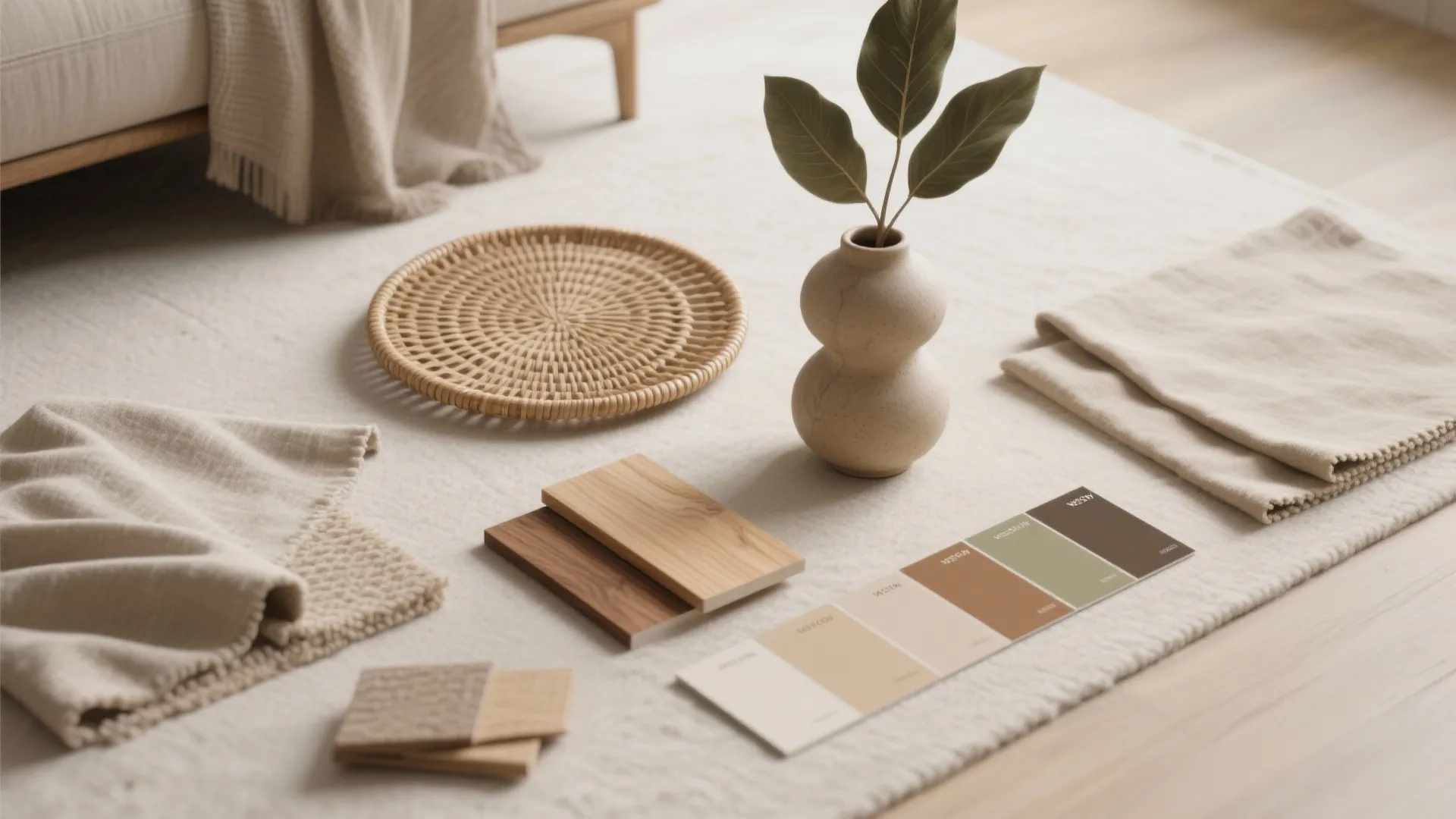 Flatlay of rattan, oak swatch, linen fabric, ceramic vase and muted color chips for natural neutral schemes.