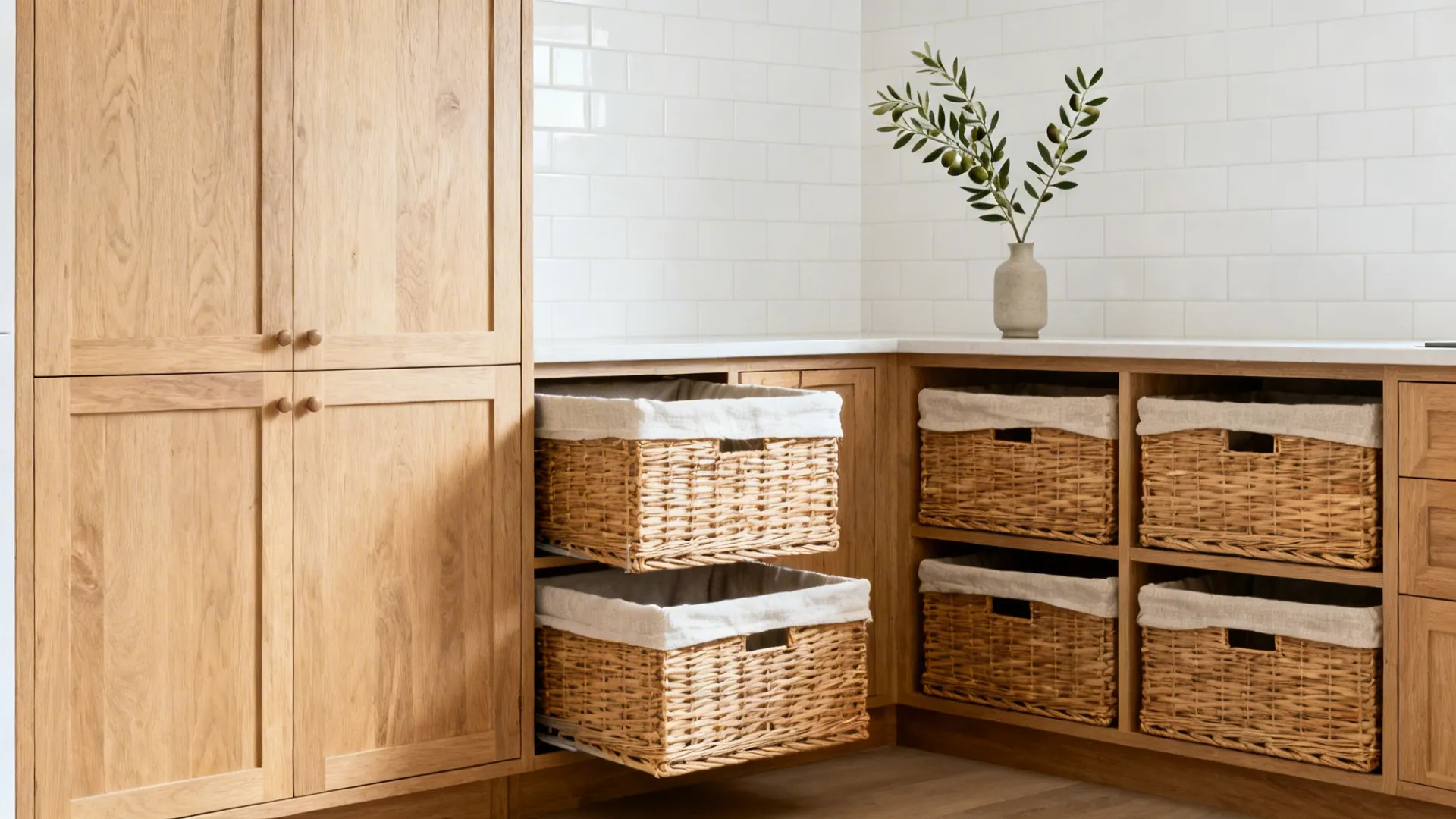 Light oak cabinetry with woven rattan pull-out baskets in a serene, minimal kitchen.