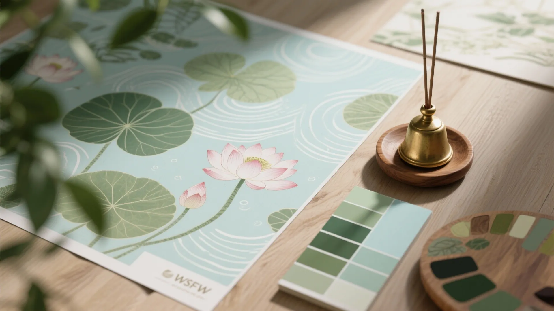 Pink lotus flower drawing with green color samples and incense burner on a wooden table