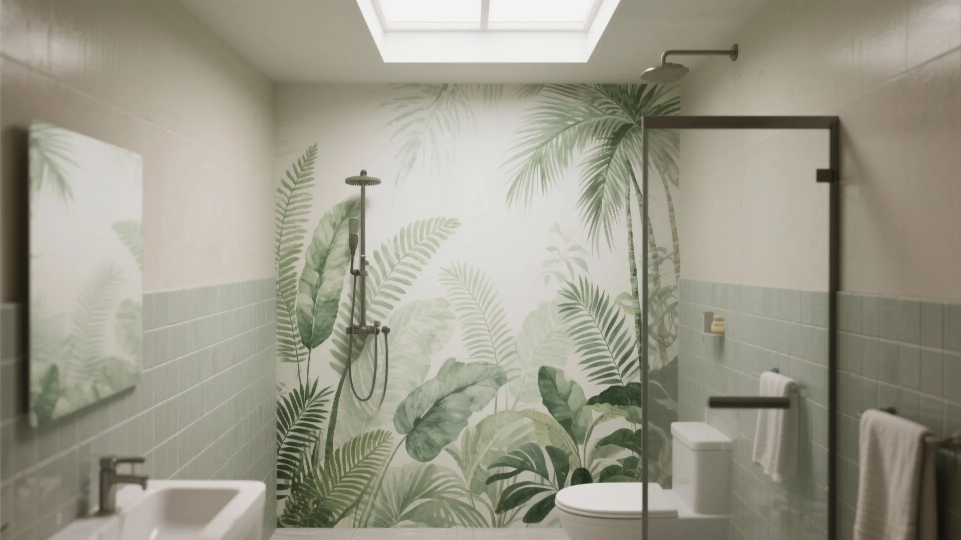 2. Water-resistant nature murals to soften tiles