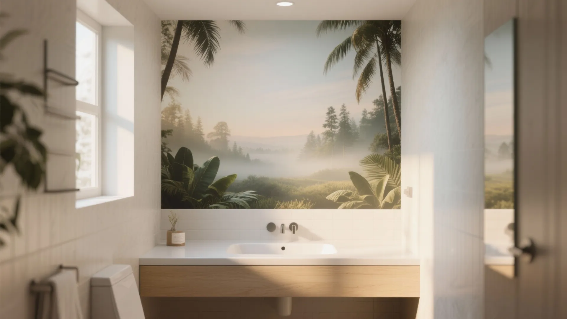 Modern bathroom with wooden vanity and large nature wall mural showing palm trees and fog