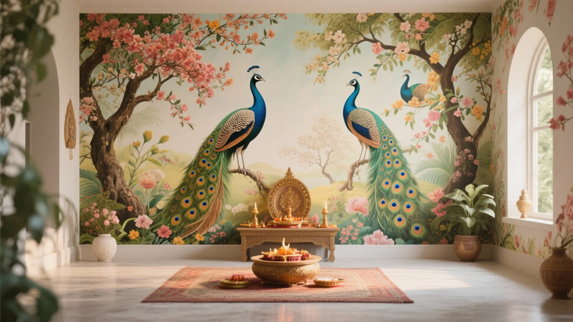 Interior design with peacock mural on a large wall including floral trees and prayer area