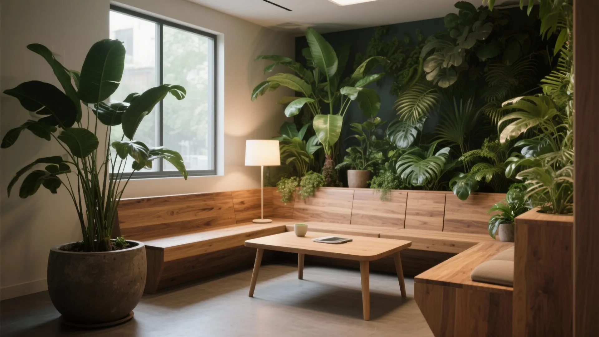 Office seating area with wooden bench and coffee table against a wall of tropical plants