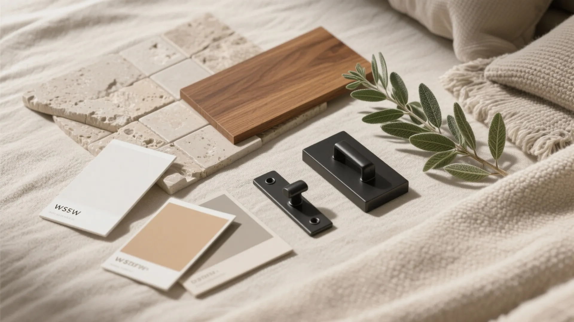 Interior design material palette with stone tiles, wood sample, black door handles, and color swatches