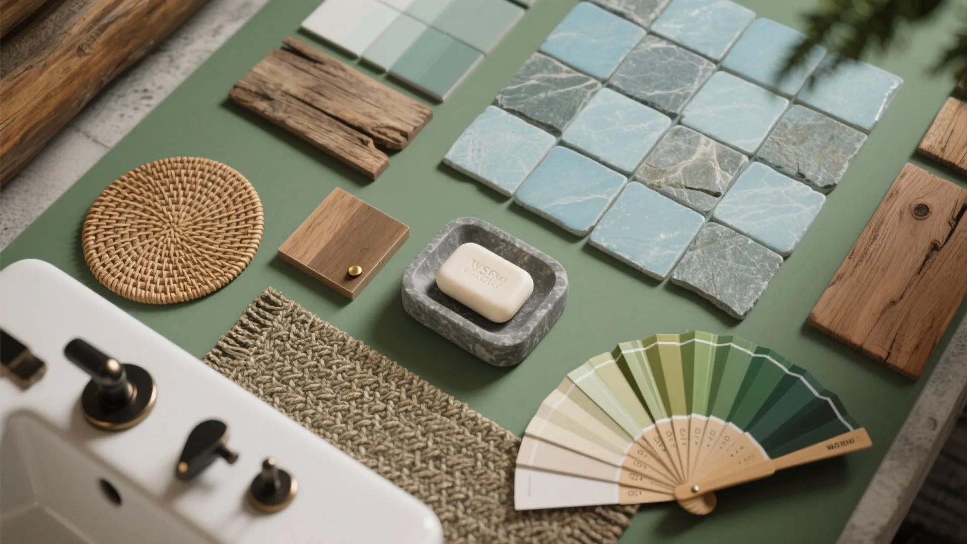 Top-down flatlay of nature-inspired material samples: tile chips, wood sample, woven mat, and metal finishes.