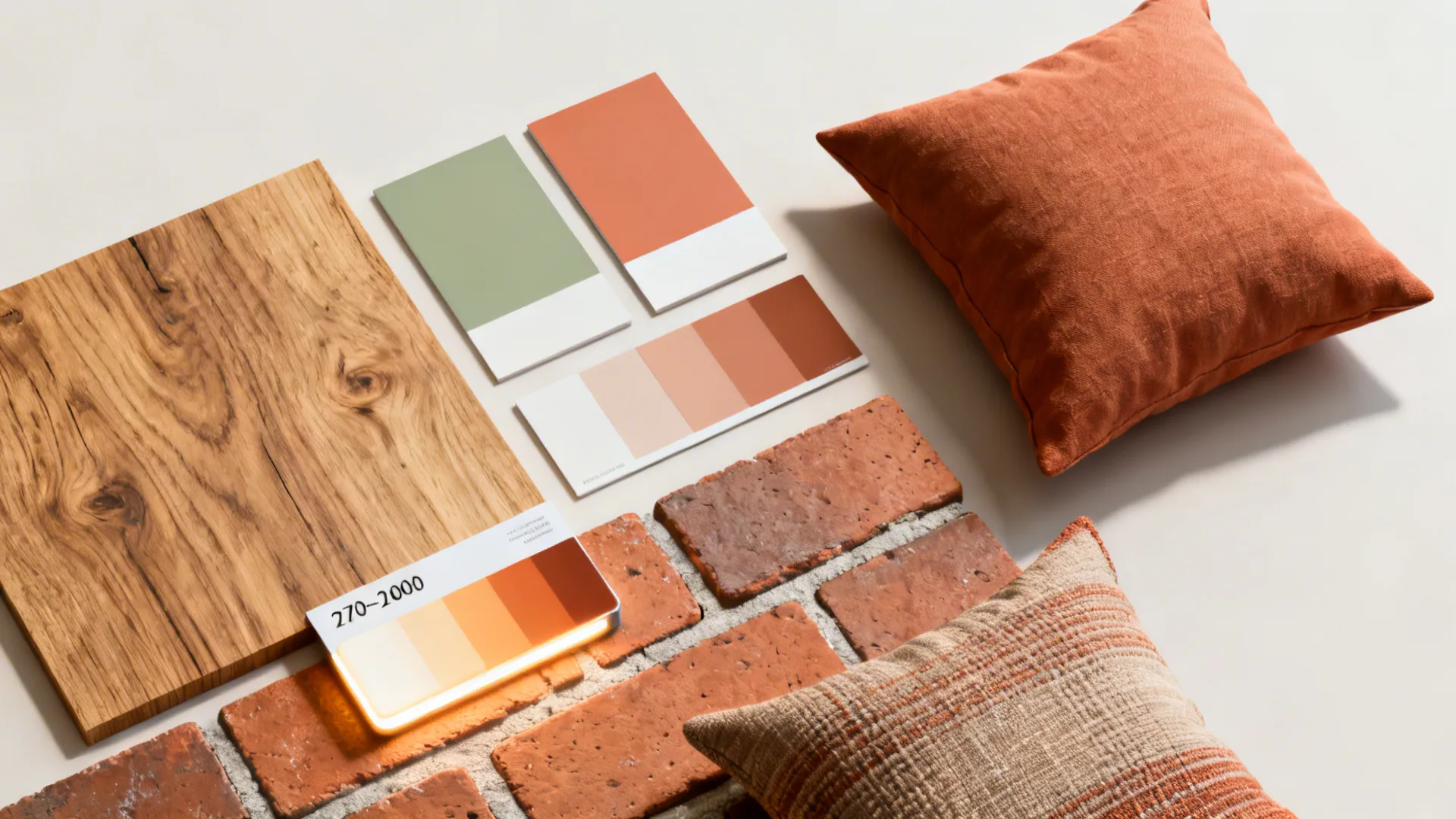 Flat lay of sage, olive, and clay paint chips with oak, brick, and warm lighting swatches.
